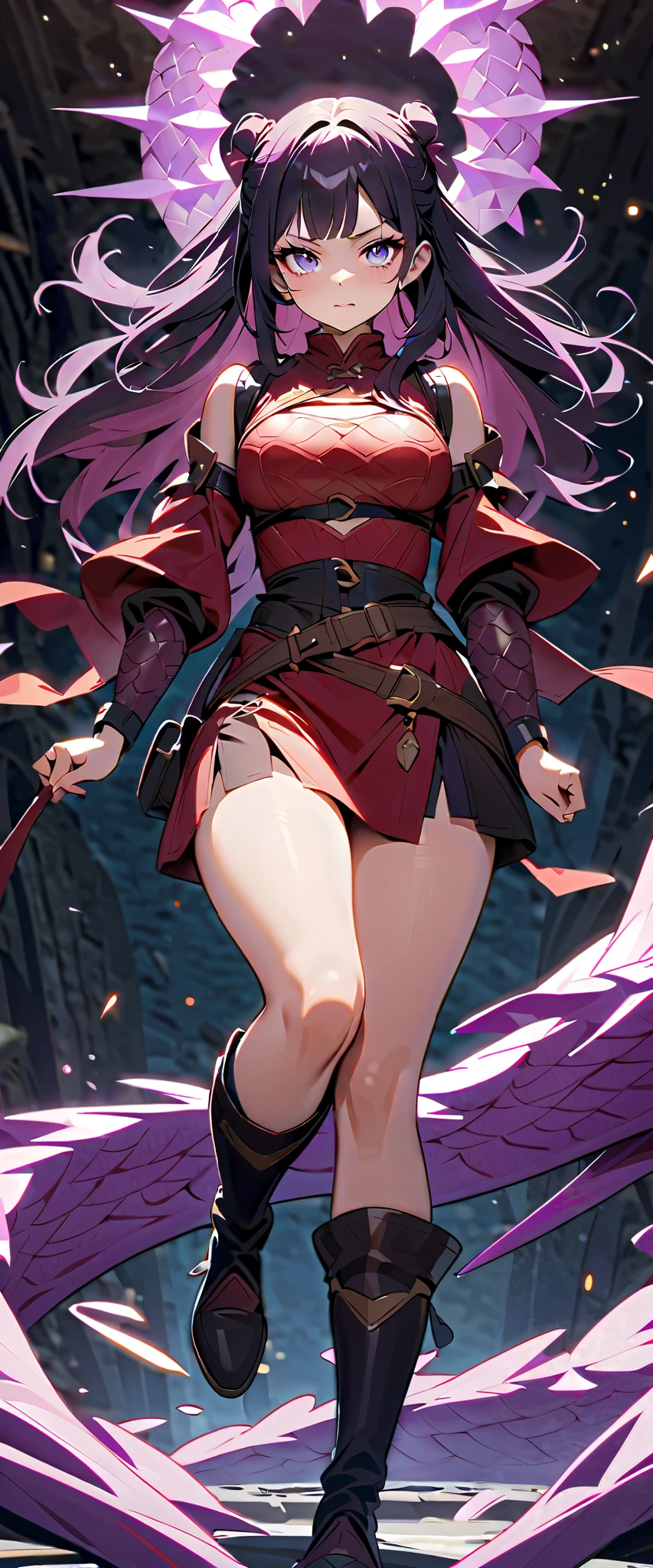 Cute dragon girl, long hair, amethyst color hair, (high-quality, breathtaking),(expressive eyes, perfect face) female, solo, maomao, cowboy shot, full shot, full body, medium breasts, small stature, mature, Thick thighs, absolute territory, Tsundere facial expression, looking towards viewer, HD, High quality image, dusty particles floating around, dark purple dragon scales on skin, adventurer outfit, leather armor, dragon theme, light blue eye color, dungeons and dragons theme