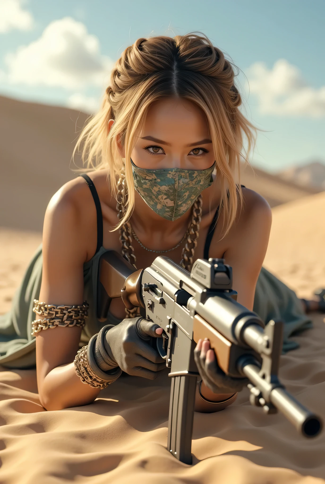 (8k, Top Quality Conversation , masterpiece), ( exists , photo exists : 1.37), very well detailed , { Sylvan Witch with an M60 machine gun }, Wide angle , chest shaking a lot , Very delicate depiction , Intricately detailed armor , short braided hair , correct skeleton 、 chain armor , A gun with an intricate pattern 、 dreamy ,super existing mixed fantasy world looking at the camera with a sharp eye, a combination of exists elements and fantastic elements ( 渦巻く砂漠の砂 :1)、 Preparing to Fight with a Gun , Lie Down and Shoot、put a precision cloth mask on her mouth