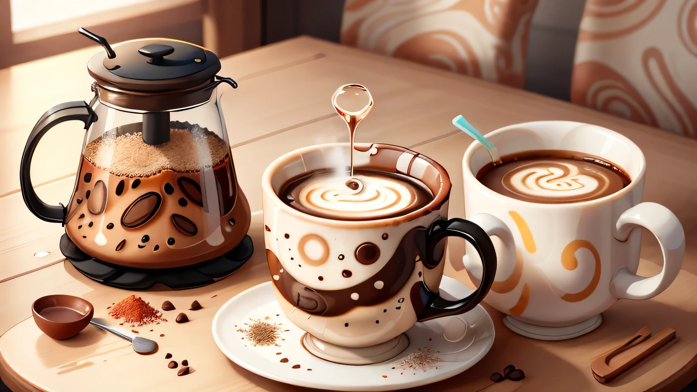 (abstract pattern style drink:1.0) exist (abstract pattern style mug:0.9), Coffee and milk colored granules