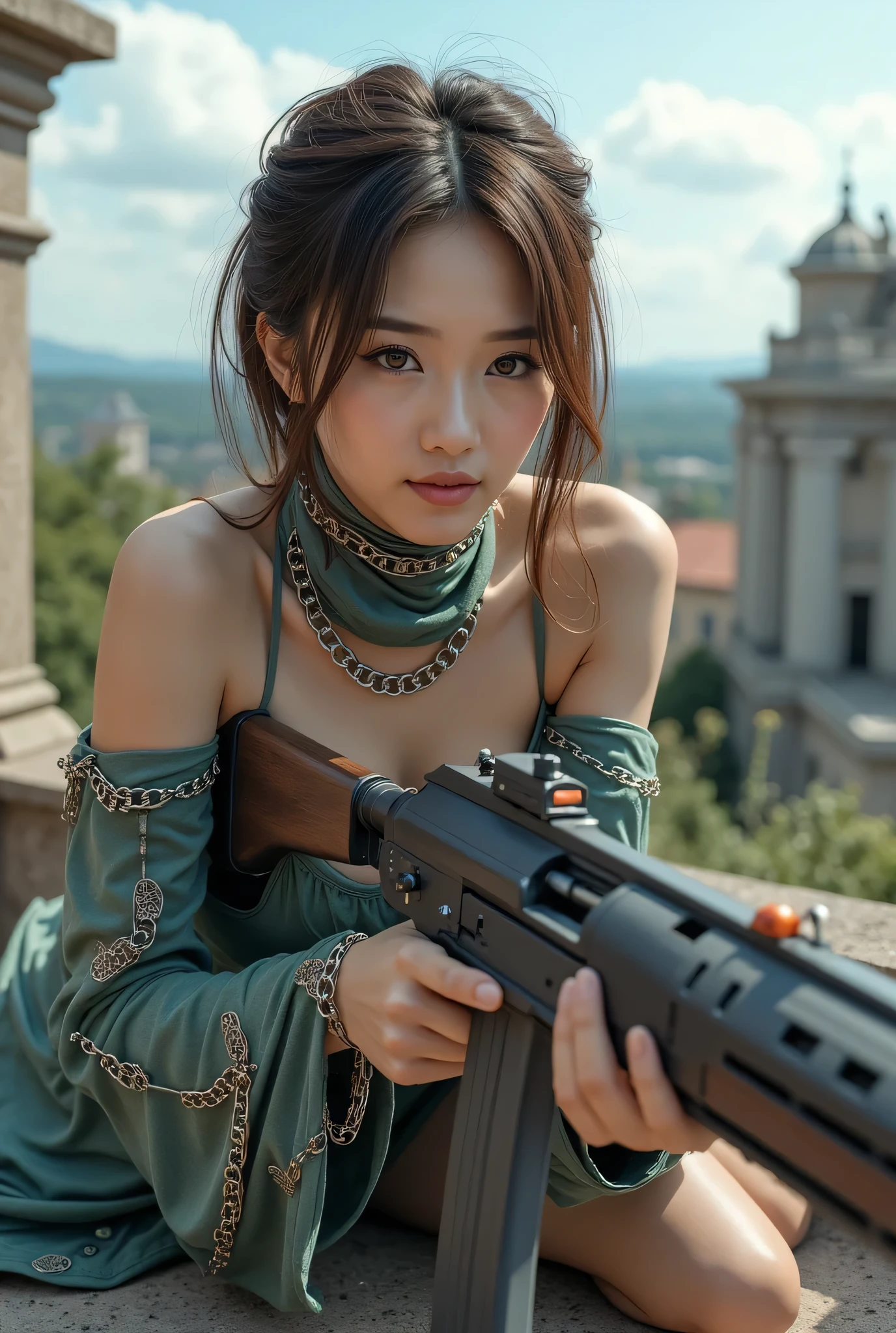 (8k, Top Quality Conversation , masterpiece), ( exists , photo exists : 1.37), very well detailed , { Sylvan Witch with an M60 machine gun }, Wide angle , chest shaking a lot , Very delicate depiction , Intricately detailed armor , short braided hair , correct skeleton 、 Chain Armor , A gun with an intricate pattern 、 dreamy ,super existing mixed fantasy world looking at the camera with a sharp eye, a combination of exists elements and fantastic elements ( on the roof of the building :1)、 Preparing to Fight with a Gun , Lie Down and Shoot、Put a precise mask on her mouth