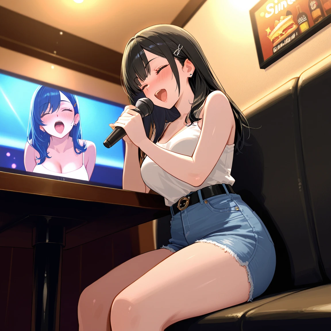 score_9, score_8_up, score_7_up, rating_safe, masterpiece, best quality, absurdres, unity 8k wallpaper, official art, official style, source_anime, uncensored, game cg, megami magazine,
1girl, solo, glasses, black hair, long hair, ribbed sweater, pants, happy, smile, closed eyes, open mouth, holding microphone, karaoke, sitting,
karaokeroom, scenery, table, door, indoors, couch, screen,joypad, microphone, television,
<lora:karaoke_room_PONY_V3A:0.8>