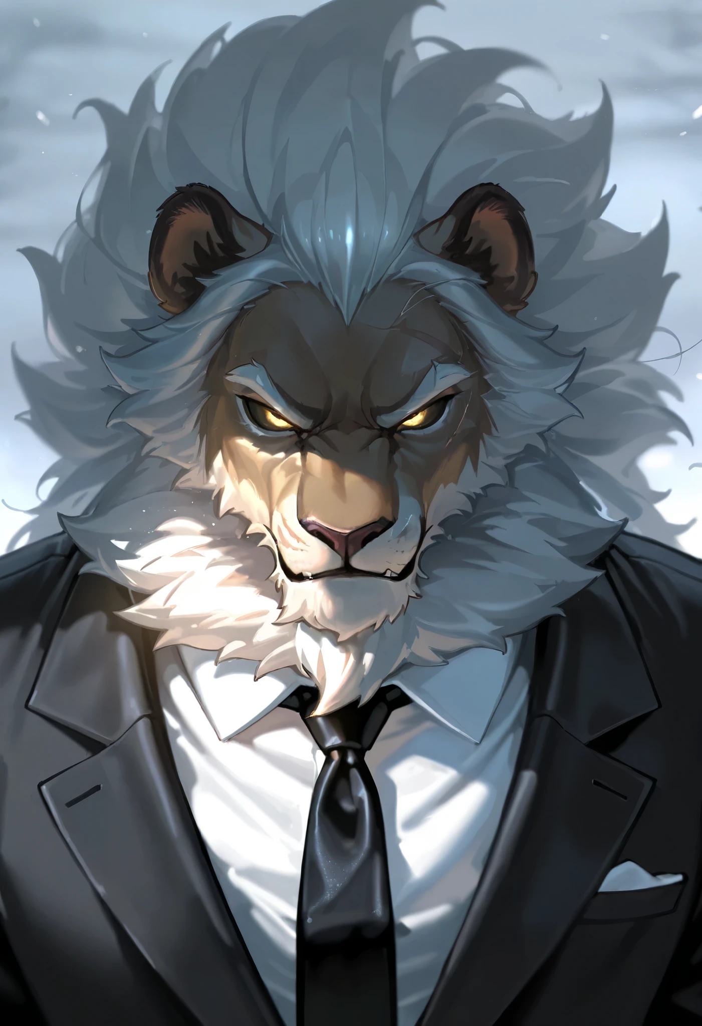 Score_9, Score_8_up, Score_7_up, Score_6_up, masterpiece, portrait, upperbody, 1male, anthro male, Anthro_lion, solo, fluffy mane, taller frame, cold, villain posture, serious expression, wearing a black formal suit, long tie, dark scenario, straight posing, L0LSPL4SH,