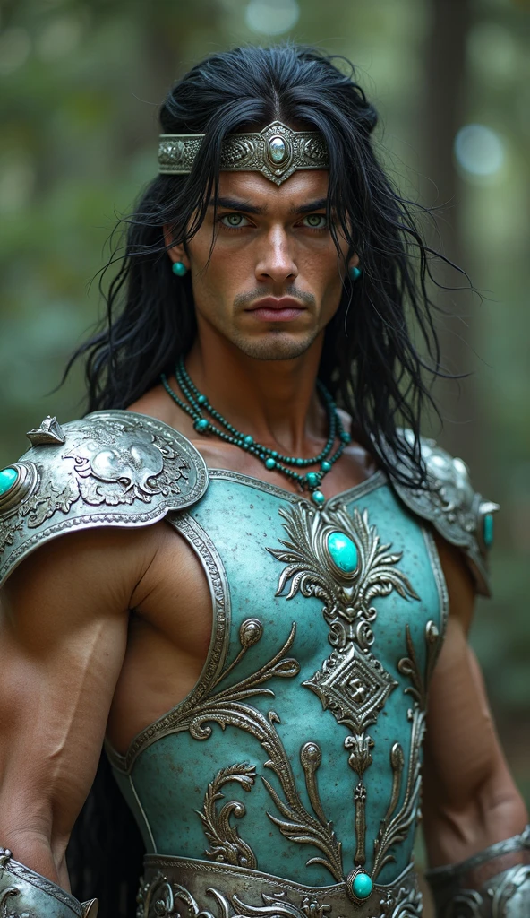 a handsome muscular man with green and blue makeup and long hair, in the style of intricate embellishments, light bronze and brown, photo taken with provia, eastern and western fusion, exotic, gemstone, airbrushing