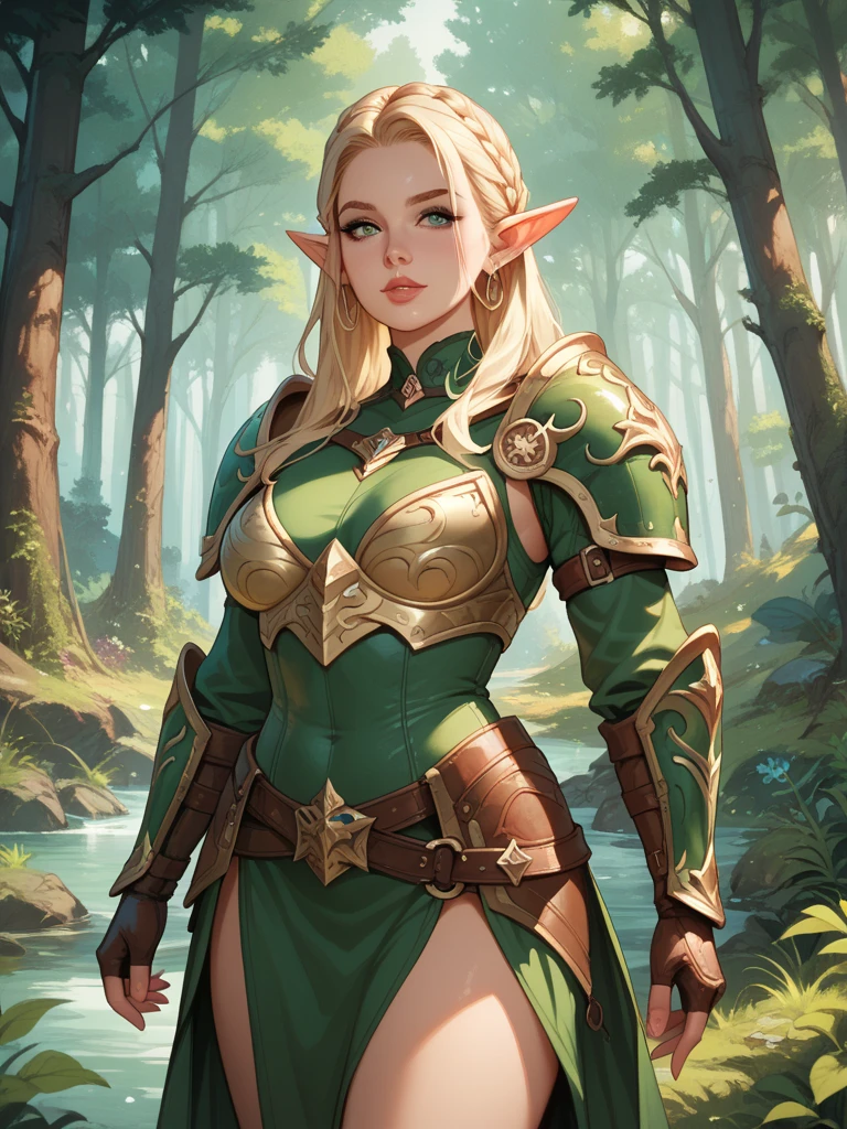 ((best qualityer)), ((work of art)), (detailded), 8K, 4K, hight contrast, work of art, 1 elf adventurer , green elven armor, in the background magnificent valley ,similar to the works of JRR Tolkien, clear lighting, detailed shadows