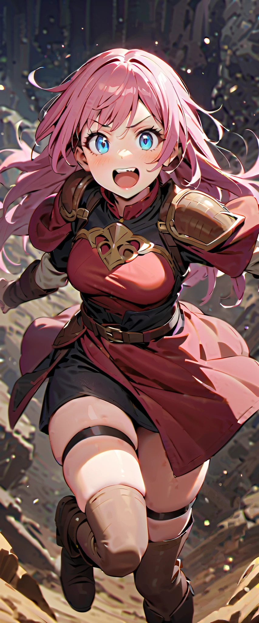 Cute dragon girl, long hair, Pink hair color, , (high-quality, breathtaking),(expressive eyes, perfect face) female, solo, maomao, cowboy shot, full shot, full body, medium breasts, small stature, mature, Thick thighs, absolute territory, Adventurer boots and thigh high socks, excited facial expression, looking towards viewer, HD, High quality image, dusty particles floating around, dark purple dragon scales on skin, adventurer outfit, leather armor, dragon theme, light baby blue eye color, dungeons and dragons theme, proud stance,