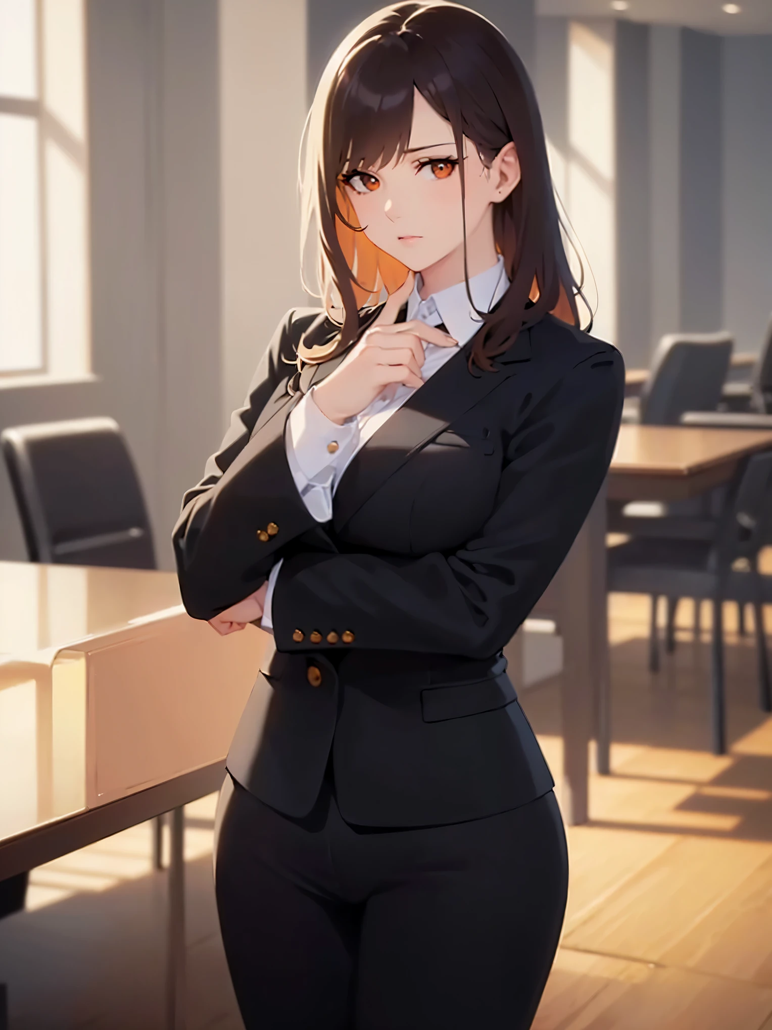 masterpiece, best quality, detailed, Masterpiece, Great detailed pictures, RAW photo, photorealistic, Realistic, real person,
upper body, hand on own chin, standing,
(pale skin: 1.2), shiny skin, shiny hair, (25-year-old woman with medium hair with bangs) and (wavy hair) and (brown hair) and (orange eyes) ,
(Business suit:1.5) and (white collared shirt) ,
(worried:1.3),
The background is a conference room,
alone,