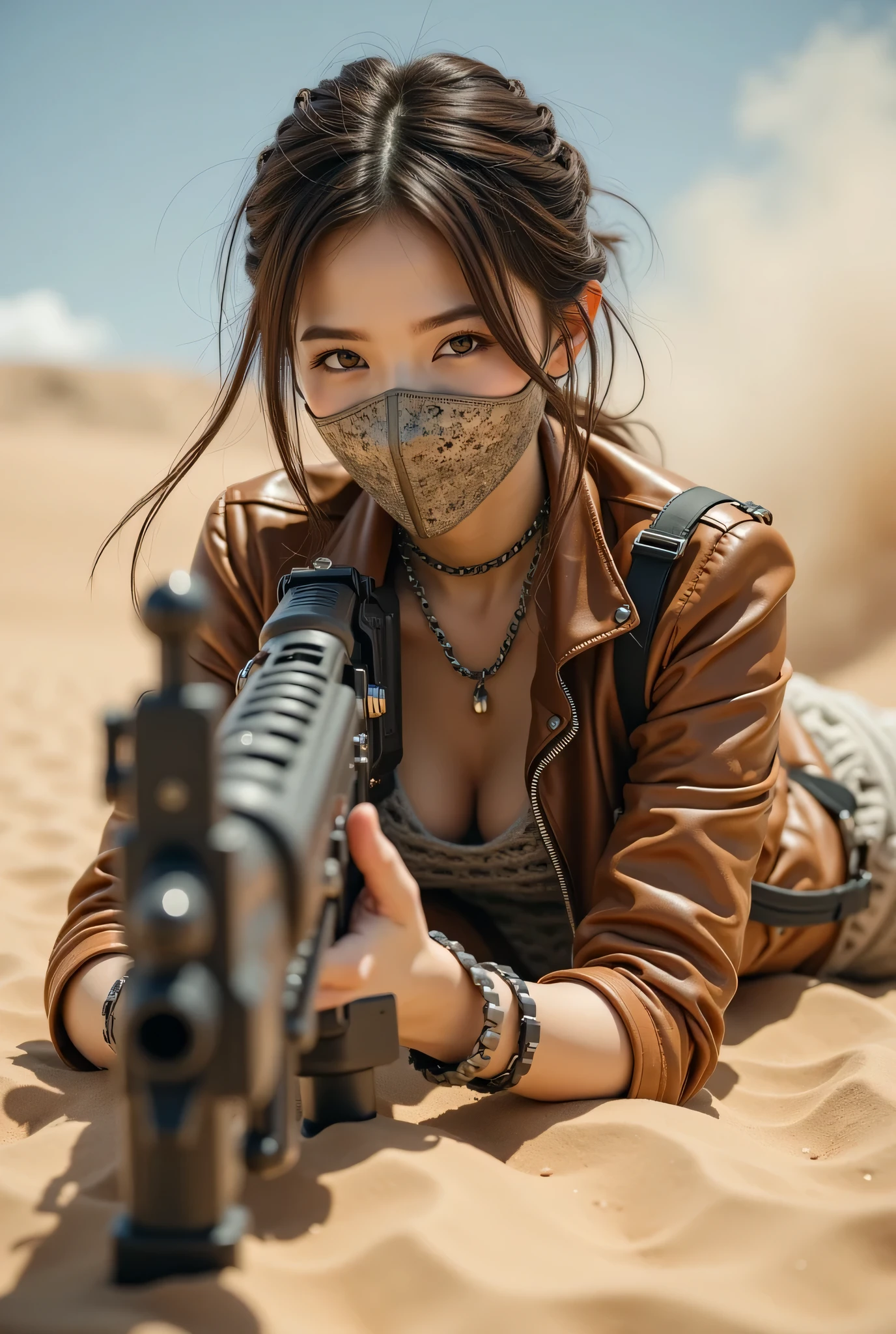 (8k, Top Quality Conversation , masterpiece), ( exists , photo exists : 1.37), very well detailed , { Grid Girl with M60 Machine Gun }, Wide angle , chest shaking a lot , Very delicate depiction , Intricately Detailed Armor , short braided hair , correct skeleton 、 chain armor , A gun with an intricate pattern 、 dreamy ,super existing mixed fantasy world looking at the camera with a sharp eye, a combination of exists elements and fantastic elements ( 渦巻く砂漠の砂 :1)、 Preparing to Fight with a Gun , Lie Down and Shoot、Wear a Precise Iron Mask on Her Mouth 、vintage leather jacket