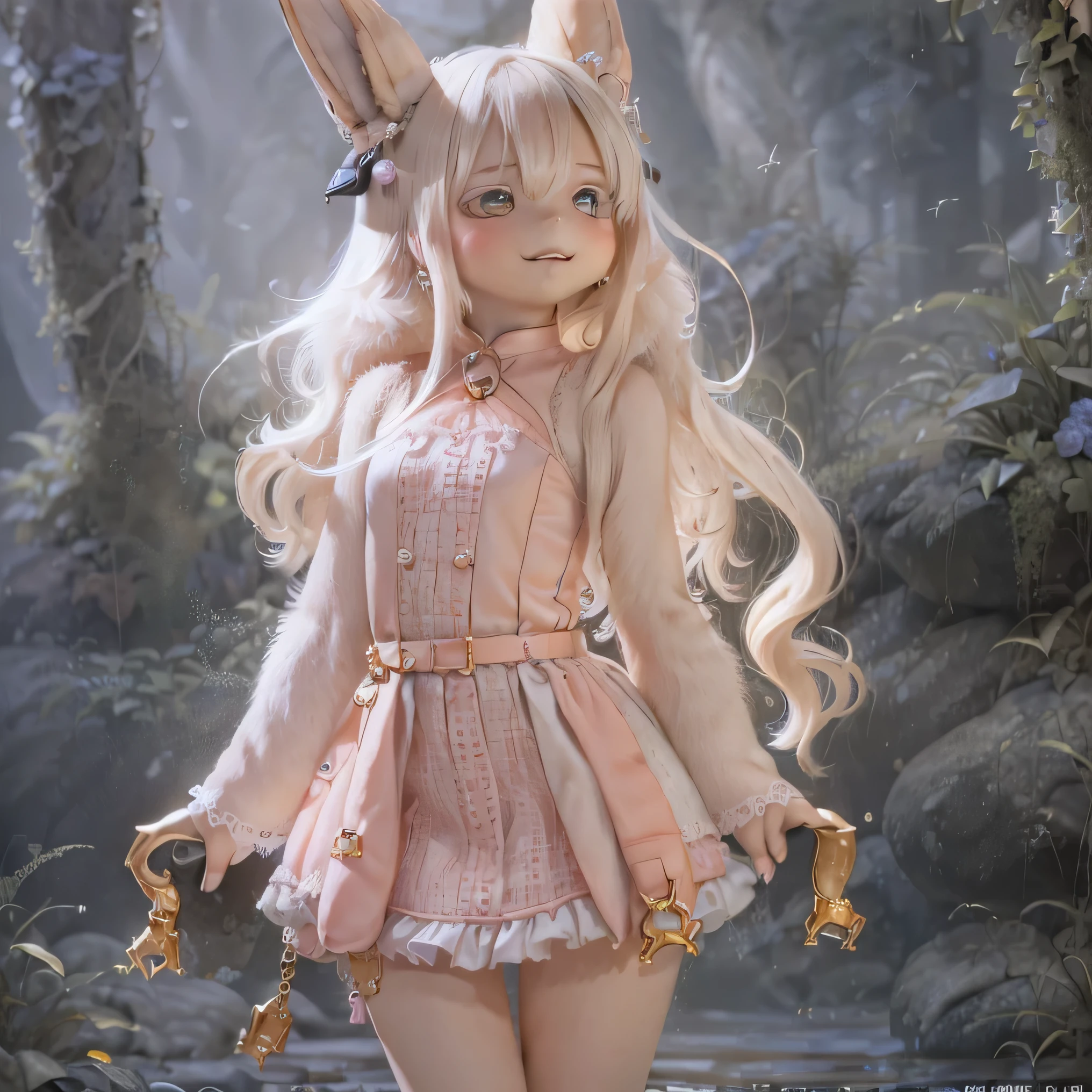 , smile, Photorealistic rendering with a warm and bright atmosphere . Similar to a forest setting , it combines , beautiful eyes and lips . ((( Photorealistic rendering similar to Chibi's character style ,))) . image quality is excellent , Illumination highly detailed and realistic features that create a warm and bright atmosphere . The medium of this work is、 I created an illustration .. The colors are vivid、 illumination、 made in abyss 、use 。 whole body((((( cute pink dress ))))) cute pose