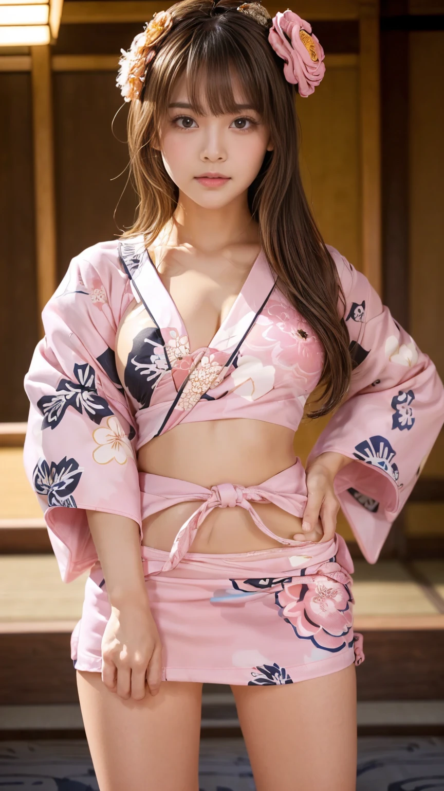 masterpiece, Highest quality,Very detailed,High resolution,(Realistic,photoRealistic:1.37),Excellent anatomy,One beautiful woman,1,Sexy Idol,(((Focus on the thighs:1.5))),(((No underwear:1.6))),A small smile,(((Sexy and cute floral pattern, pink, super mini length yukata:1.5))),(((Super short pink kimono print mini skirt))),((Very delicate and beautiful)),(Background of the summer festival:1.3),Brown Hair,Long Hair,bangs, Floating Hair NovaFrog Style,Very beautiful face,Cute type,Baby Face,Big Natural Color Lip,Big and pretty eyes,Brown eyes,Obvious double,Small and cute nose,Brown eyes,Shiny highlight spots around the eyes,Character Focus,Tilt your head,The best light,Best Shadow,Mysterious perfect face,Very detailed,Soft Skin,(Glowing Skin, Sweaty:1.3)'Beautiful feet, Voluptuous thighs,Plump body,Huge breasts,(Expressing the roundness and softness of the chest),Beautiful body,(The perfect woman)