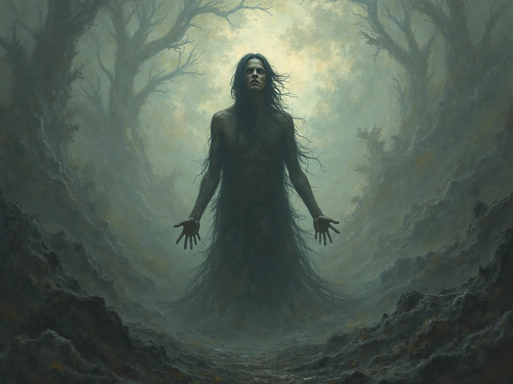 a monster in the woods, hidden by night, triangular shaped head, long patchy hair across entire body, lanky, really long torso, on all fours, staring at you, 4 bright white eyes, hidden in shadows, in the woods at night, horrifying encounter