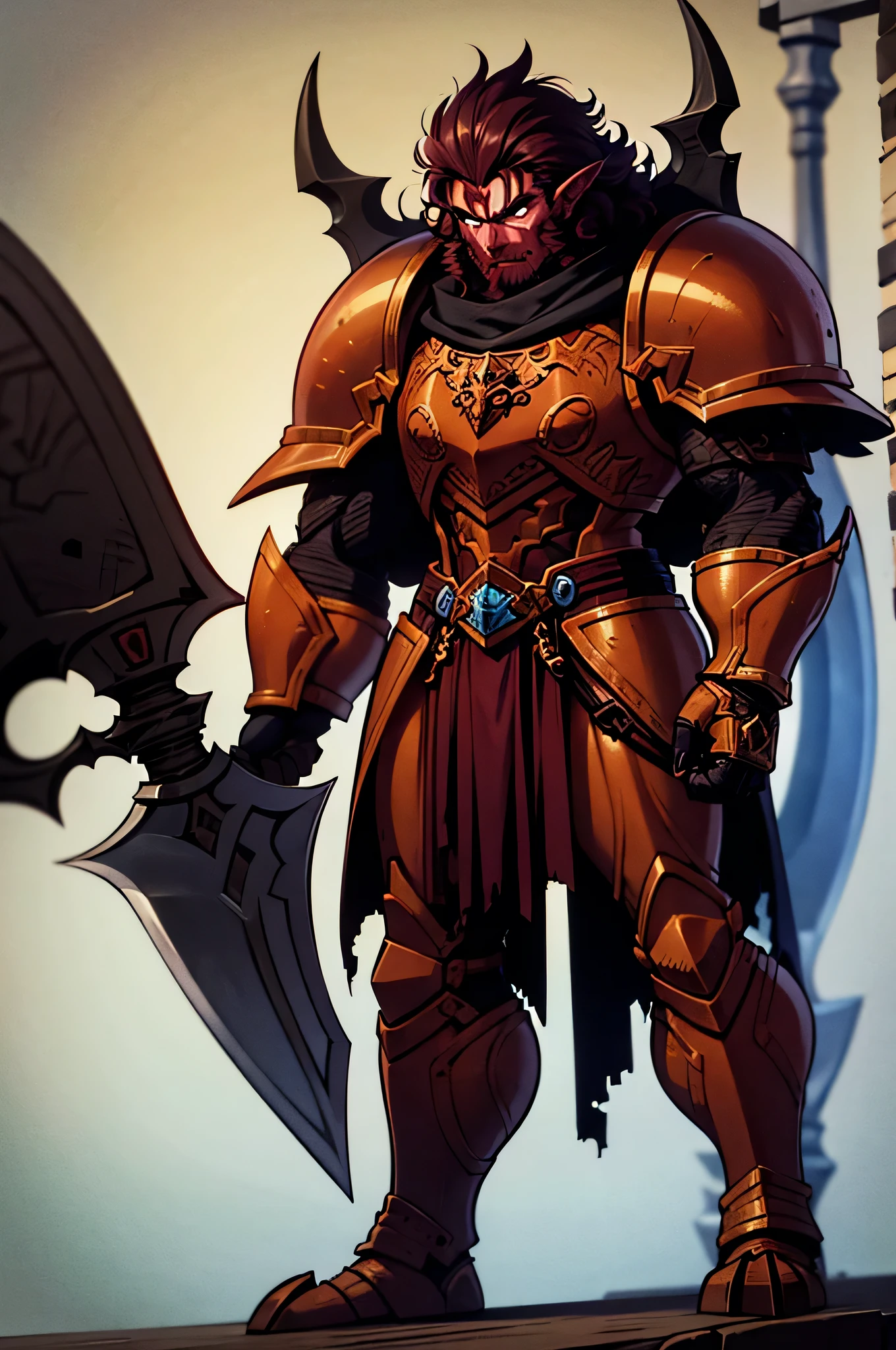 Create a hobgoblin warrior, about 27 years old, male with red skin, short black curly hair, with dark purple eyes, with a serious look, wearing medium steel armor and a large axe