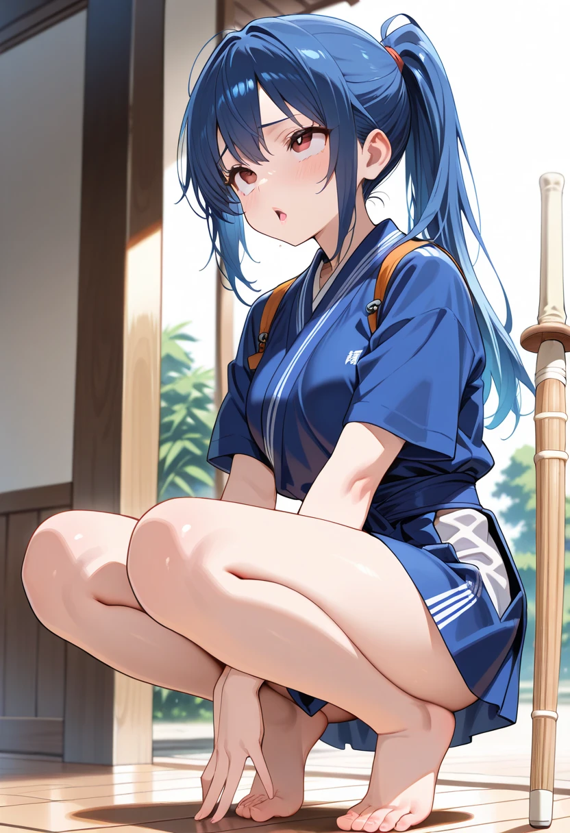 ((masterpiece, Best Quality, Ultra-high resolution)), (((A girl wearing Japanese gym clothes, Blue Japanese women&#39;s gym shorts, Stand with confidence, Holding a tennis racket))), (((Black Hair, dark Black Hair))), Long Haircut, Pale skin, ((brown eye)), Shine_eye, neon eye, (ultra detailed eye:0.7, Beautiful and elaborate face, detailed eye:0.9), ((Centered)), ((cute笑顔, cute)), ((Wide Shot)), In-person audience, eyeの高さ, ((vibrant background, snowy landscape, Cityscape, snowing, snow)), flat chest, View your viewers, ((half closed eye)), ((Perfect hands)), (((head:1, arms, Hip, elbow, In the view))), ((Put your hands behind your back)), empty eye, Beautiful lighting, outside, 屋outside, background, Defined Subjects, 18-year-old, (head tilt)