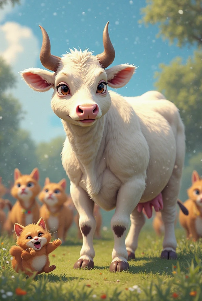 anthropomorphic Tauren, Fluffy, high resolution, realistic, Soft, 4K, upscales, high detail, Delicate fur, ((The tail in the right place)), colorful meadow, shaggy, green eyes, bovine face, bovine snout, bovine tail, realistic fur, ((peeking at viewer)), huge fluffy ears, 1 tail, hyper nipples, lifted arched cow tail, dripping pussy, ass sticking out, looking at viewer, long nipples, two arms, two hands, hyper canine pussy, perfect pupils, tight canine pussy, puffy canine pussy, bedroom eyes, 2 huge cloven hooves, hyper areola, hair-bun, blushing, long nipples, erect nipples, well lit bright eyes, flower field, white fur, white body, pussy squirting, wet canine pussy, freckles, ready to pounce, hyper breasts