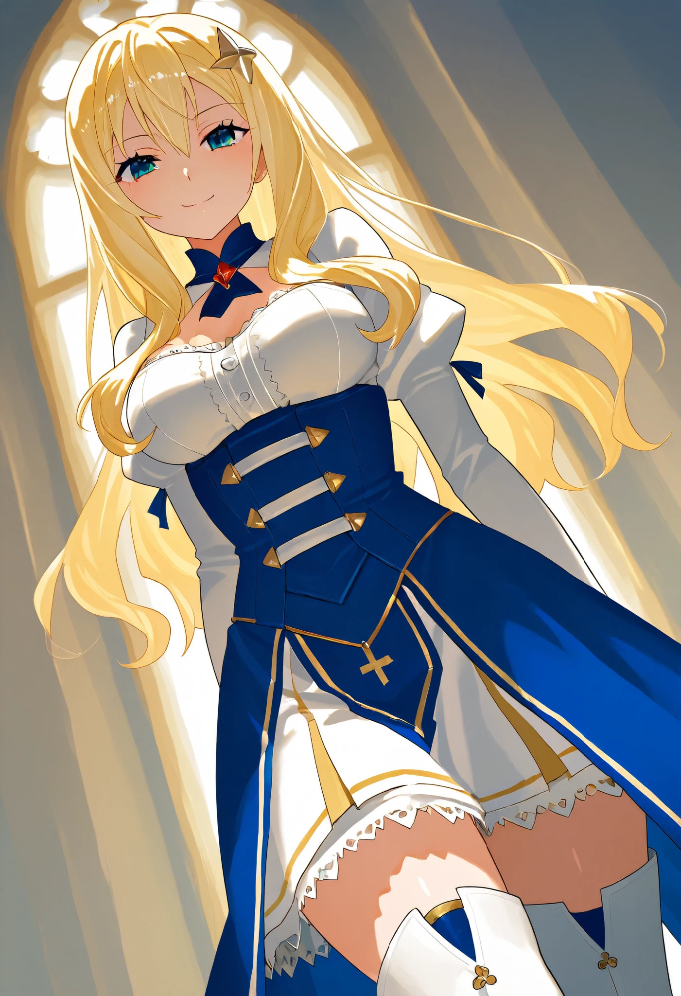 celistia_ralgris, in a castle, medieval princess, white and blue dress, white boots, whte thigh boots, fantasy outtfit, elegant, dominant, confident, underbust with a humiliating face, smile,, expressionless, dutch angle, cowboy shot, perfect eyes, perfect body
