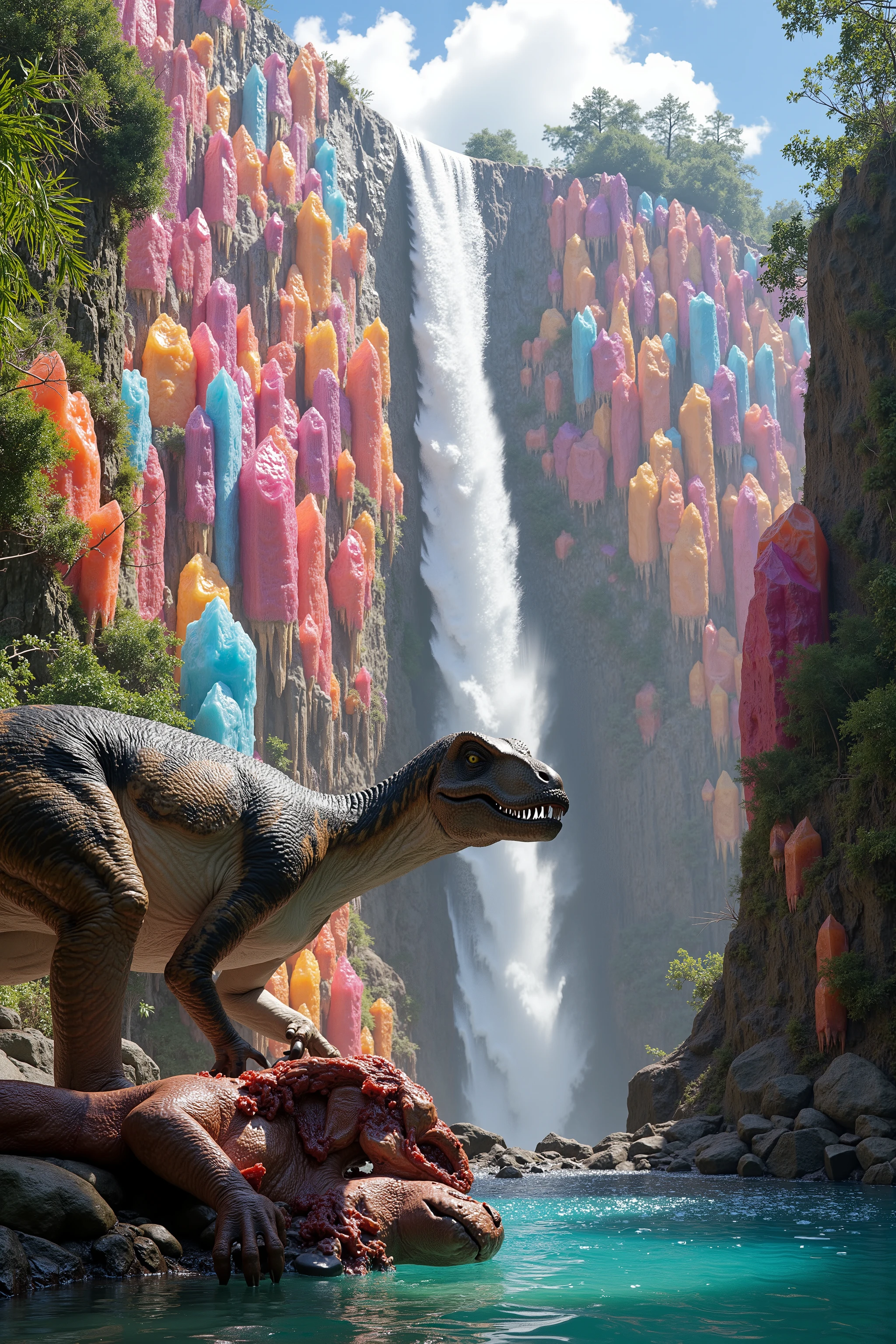 A cliff that is 300 feet tall made up of gigantic quartz crystal points that are multicolored pillars in a tropical rainforest. In the middle of these skyscraper sized quartz crystals is an incredible gushing cascading waterfall that pours into a beautiful lagoon that is lined with smaller quartz crystals 20 to 40 feet tall. In hues of Pink, Red, Orange, Yellow, Green, Blue, and purple, there are hundreds of them and they are partially translucent and radiate color in the bright full sunlight of the day. In this Full Sunlight we see a close up of a Tyrannosaurus Rex as he has another dinosaur down and is eating him at the edge of the lagoon. Macro Photography. Large pieces of meat are in the water, turning it red with blood all around them. Explicit, Graphic, Natural, Authentic/Real looking. Anatomically Correct, Attention to detail, Textured Skin, In Depth Detailed Eyes, colored translucent quartz crystals protruding from the water's edge near the battle scene, Eating Scene. Ultra realistic, Photorealism, Breathtakingly Beautiful, Stunning, Awe Inspiring, An Awesome Site! 8K Octane, Action Painting, Artistic, Cinematic, Cinematography, Conceptual Art, Digital Art, Fujicolor, Super Saturated Colors, Hyperdetailed, Hyperrealism, Photorealistic, Pixel Art, Pixel Assets, Portrait Photography, Surrealism, Unreal Engine, Sparkle off the gigantic translucent multicolored quartz crystals. Ultra realistic, photo-realistic, cinematic photography, cinematic portrait, portrait photography Depth Of Field, Optical Illusion, Cinematic Lighting, Glowing Light, Reflection Light, Ray Tracing, God Rays, Perspective, UHD, Super Detailed, Best Quality, Detail, Award Winning, Masterpiece!