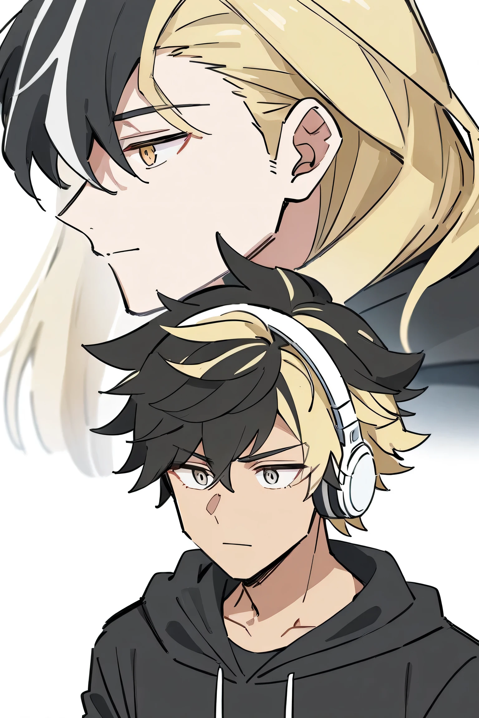 manga, anime style, high quality, 4K. A fair-skinned boy with pale red cheeks, two-tone hair ((One half black, And the other blonde )), voluminous hair , beautiful, fofo. He's wearing an off white headphone with a black star in the center, The black hoodie, Is the sweatshirt striped black and white, simple white background.