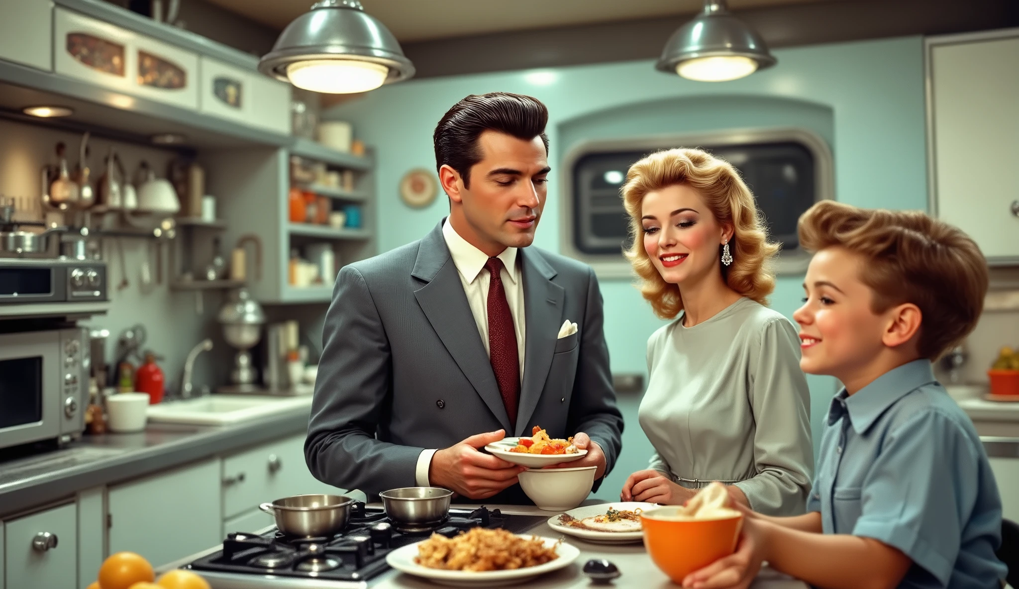 a promotional photo of a 1950s retro-futuristic laboratory-style kitchen** with a mini-fridge, freezer, cabinets, sink and small dish drainer, microwave and small electric stove. and a 1950s family, with a man wearing a 1950s suit and pompadour hair and a wife in a flowing dress and 1950s clothes, hair sprayed, and a with short pompadour hair and collared shirt smiling dreamily in the background. 1950s style