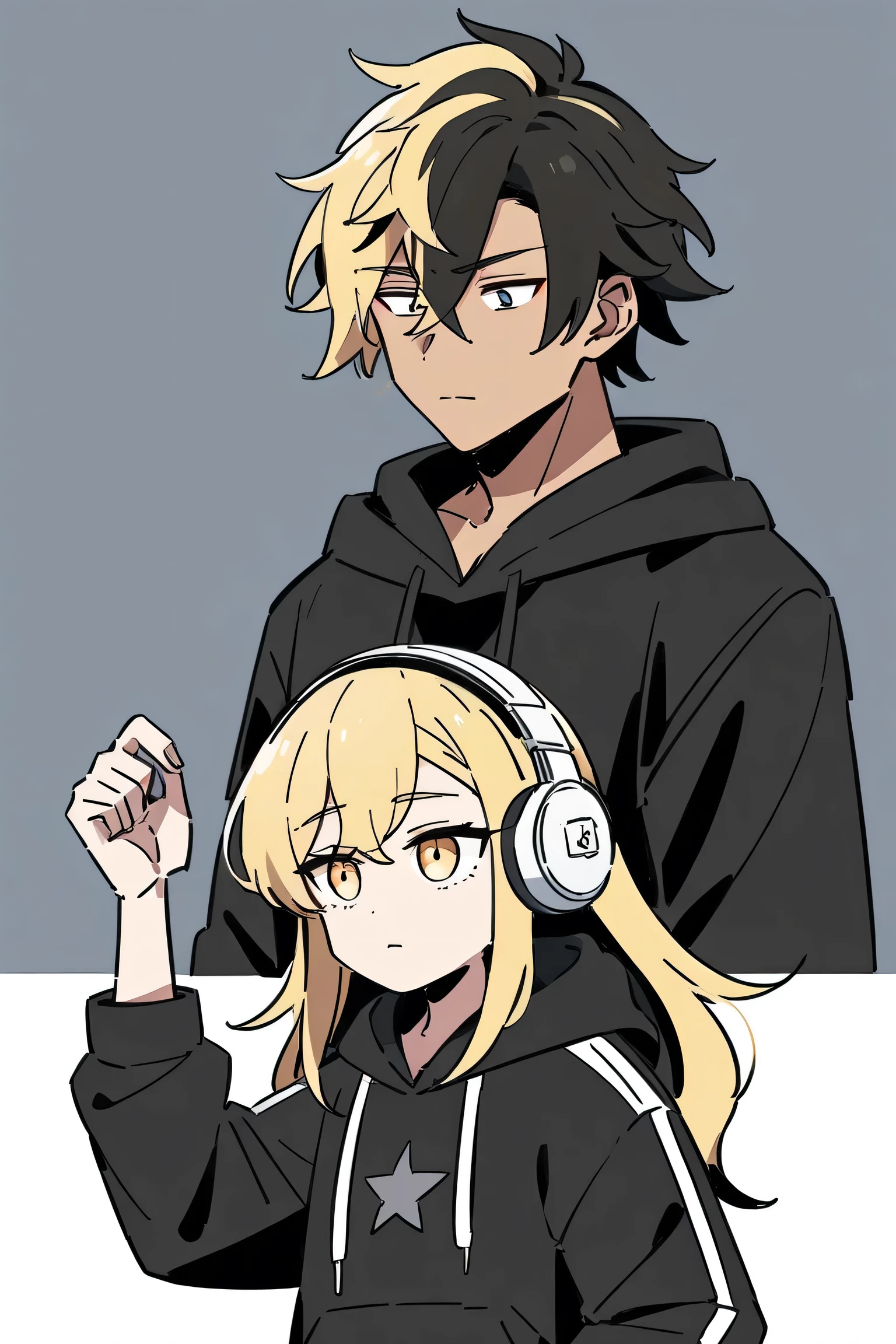 manga, anime style, high quality, 4K. A fair-skinned boy with pale red cheeks, two-tone hair ((One half black, And the other blonde )), voluminous hair , beautiful, fofo. He's wearing an off white headphone with a black star in the center, a black hoodie, Is the sweatshirt striped black and white, simple white background.