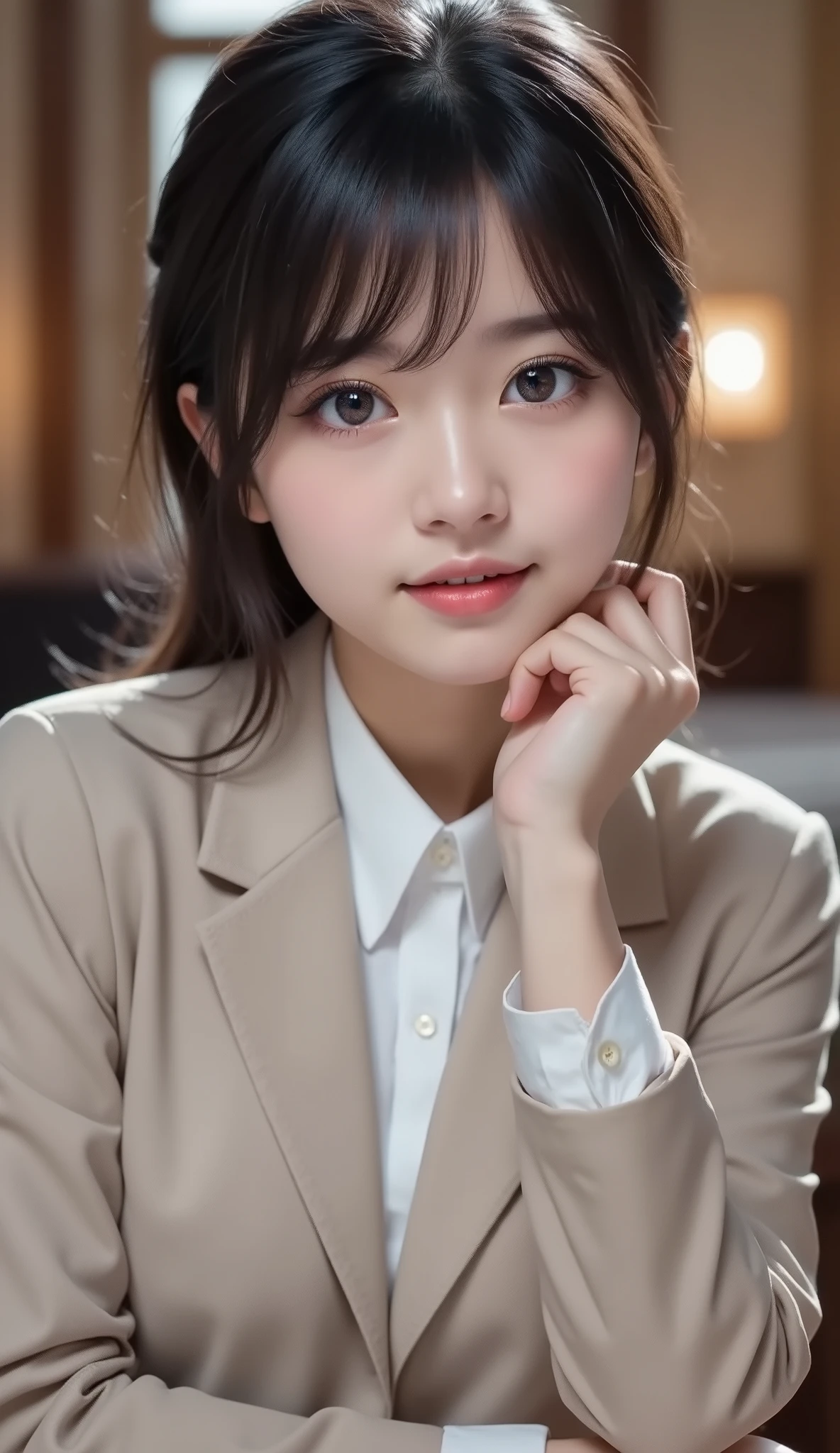 8k,Ultra High Definition , TOP QUALITY, masterpiece,rule of thirds,golden ratio, surreal, photos, one woman,( girls on the left:1.3),cute,cute顔, Beautiful Eyes in Every Detail , 細かくexhaustive, mature woman, princess,full body,smile, black hair,Shag hair,ID photo, luxurious and beautiful ,(A Famous Japanese Idol Girl), (( wearing a Japanese high school uniform with a white shirt, blazer, and skirt)), ((( having sex in the woods ))), (((She Has an Ecstatic Expression))), very delicate expression , delicate eye description,, Healthy Body , (( 1 female)), Height: 160cm, ((thin thighs)) ,( thin waist:1.4)、( Beautiful :1.4), pink lips,profile,((( ideal figure))),Small bust, A cup :2,、 portraits:2、 perfect anatomy 、鮮明な exhaustive、 exhaustive, thin lips,Perfect and beautiful face ,完璧でcute顔, meticulous skin , Perfect Limbs 、 thin waist, surreal,Light and Dark, Fashion Magazine Cover ,glowing