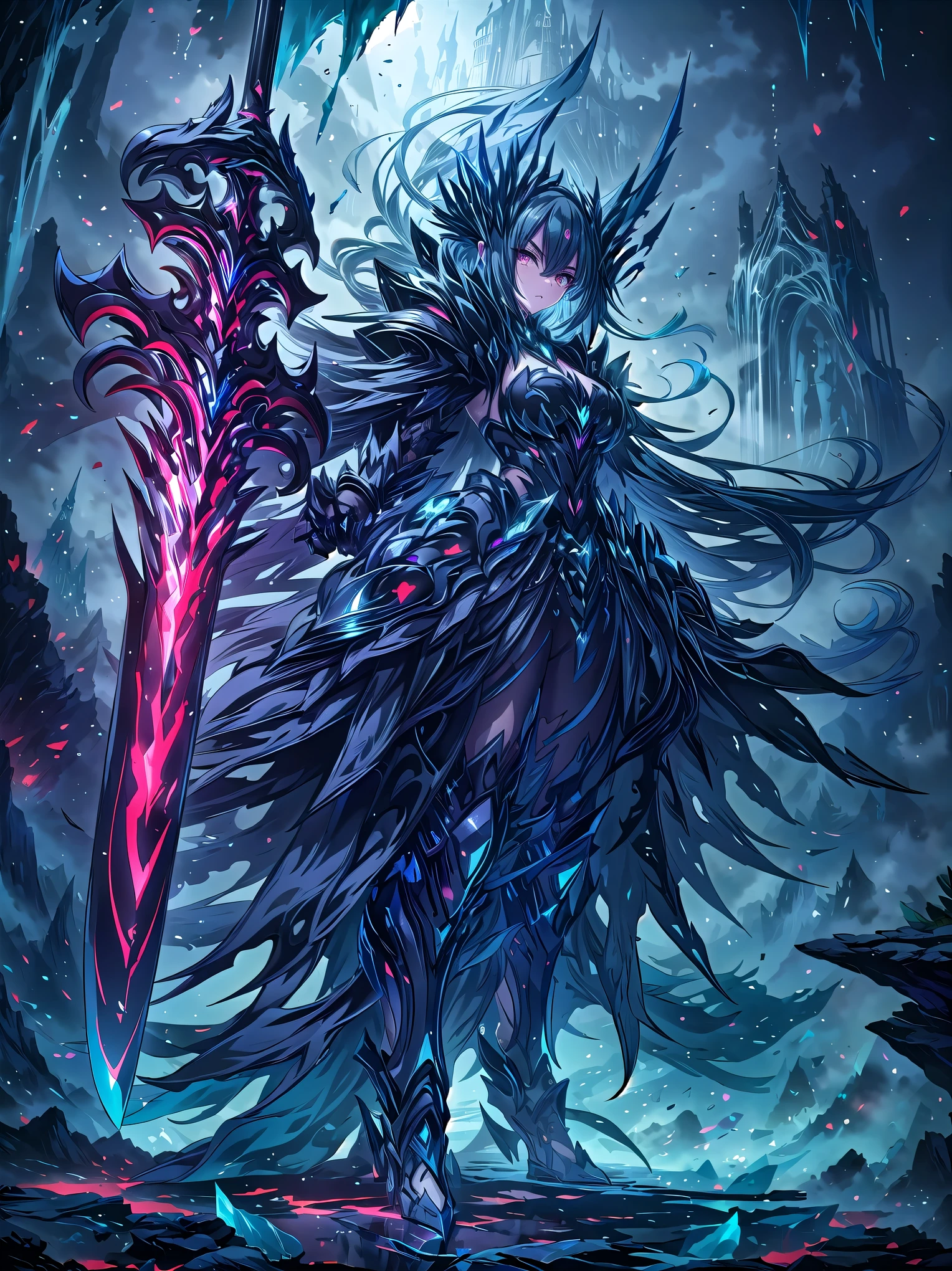 (((masterpiece, best quality, high detailed, 16k))), A strikingly beautiful and imposing young woman with long, flowing sapphire blue hair that cascades down her back like a waterfall, and piercing, cold crimson eyes that burn with disdain. Her expression is one of utter contempt, as if she looks down on all who dare to approach. She wears a sleek, form-fitting black and silver armor, adorned with dark blue gemstones that glow faintly, reflecting her cold, untouchable aura. Her armor is intricately detailed, with sharp, angular designs resembling shattered glass, giving her a regal yet menacing presence. She stands in a dark, misty fortress, surrounded by towering spires of onyx, the air thick with an aura of power and superiority. In her hand, she wields a long, slender black blade with glowing red runes, the weapon itself pulsating with dark energy. ((full body front view)), (extremely detailed:1.5)