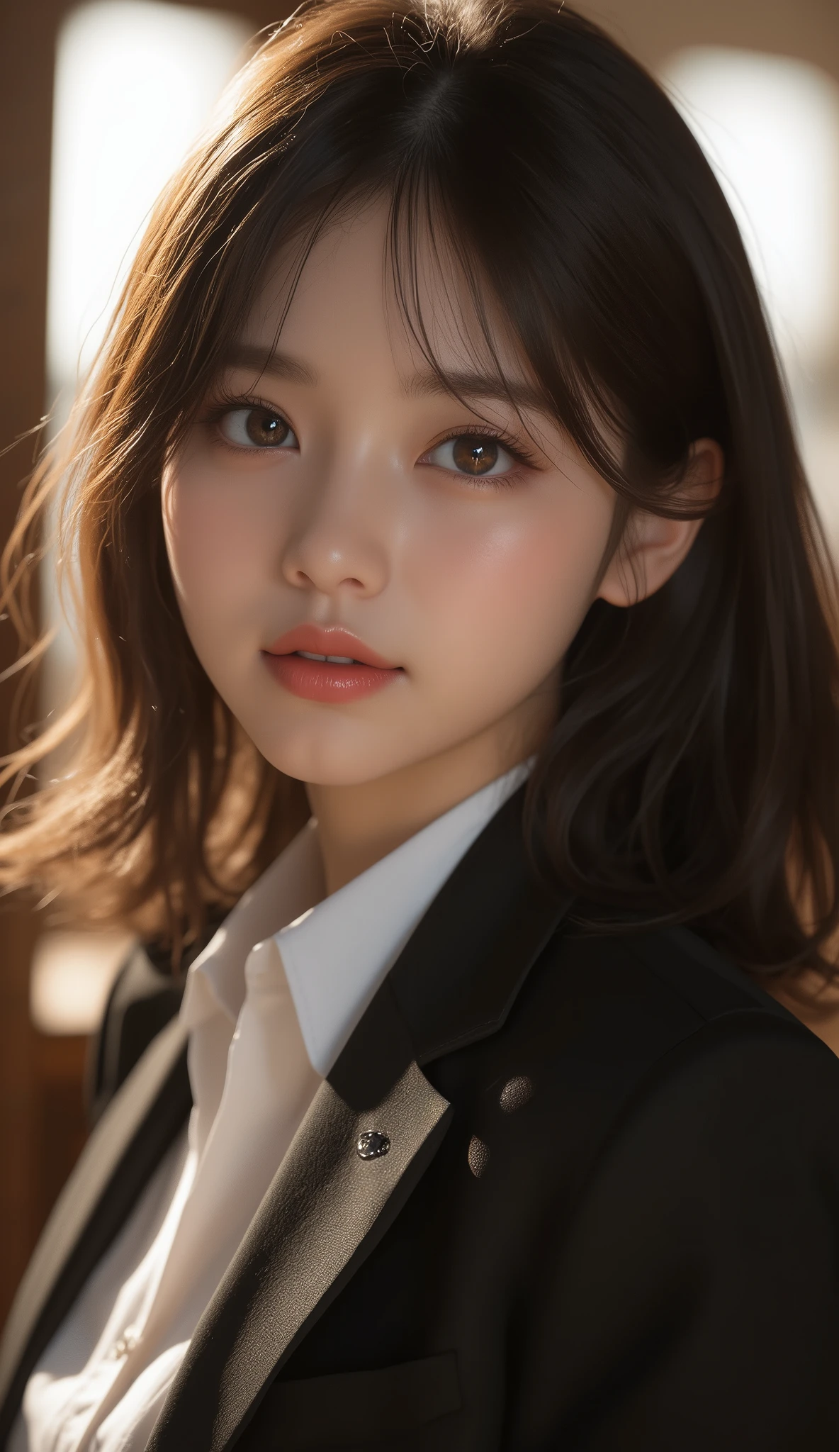 8k,Ultra High Definition ,  TOP QUALITY,  masterpiece,rule of thirds,golden ratio, surreal, photos,  one woman,(  girls on the left:1.3),cute,cute顔, Beautiful Eyes in Every Detail , 細かくexhaustive, mature woman, princess,full body,smile, black hair,Shag hair,ID photo, luxurious and beautiful ,(A  Famous Japanese Idol Girl), (( wearing a Japanese high school uniform with a white shirt, blazer, and skirt)), ((( having sex in the woods ))), (((She Has an Ecstatic Expression))), very delicate expression ,  delicate eye description,,  Healthy Body , (( 1 female)), Height: 160cm, ((thin thighs)) ,(  thin waist:1.4)、( Beautiful :1.4),  pink lips,profile,(((  ideal figure))),Small bust, A cup :2,、 portraits:2、 perfect anatomy 、鮮明な exhaustive、 exhaustive, thin lips,Perfect and beautiful face  ,完璧でcute顔,   meticulous skin  ,  Perfect Limbs 、  thin waist,  surreal,Light and Dark,  Fashion Magazine Cover ,glowing 