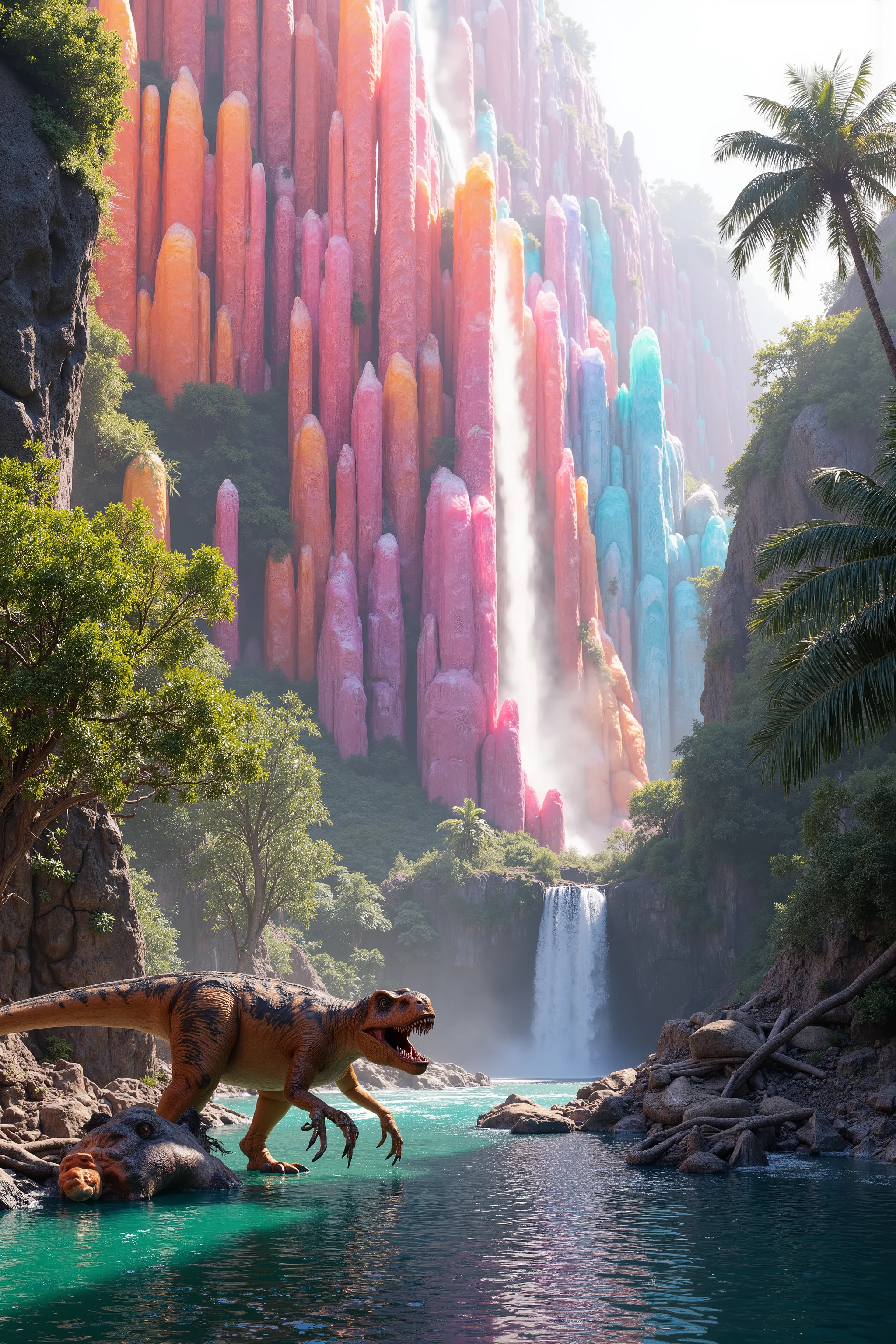 A cliff that is 300 feet tall made up of gigantic quartz crystal points that are multicolored pillars in a tropical rainforest. In the middle of these skyscraper sized quartz crystals is an incredible gushing cascading waterfall that pours into a beautiful lagoon that is lined with smaller quartz crystals 20 to 40 feet tall. In hues of Pink, Red, Orange, Yellow, Green, Blue, and purple, there are hundreds of them and they are partially translucent and radiate color in the bright full sunlight of the day. In this Full Sunlight we see a close up of a Tyrannosaurus Rex as he has another dinosaur down and is eating him at the edge of the lagoon. Macro Photography. Large pieces of meat are in the water,  turning it red with blood all around them. Explicit, Graphic, Natural, Authentic/Real looking. Anatomically Correct, Attention to detail, Textured Skin, In Depth Detailed Eyes, colored translucent quartz crystals protruding from the water's edge near the battle scene, Eating Scene. Ultra realistic, Photorealism, Breathtakingly Beautiful, Stunning, Awe Inspiring, An Awesome Site! 8K Octane, Action Painting, Artistic, Cinematic, Cinematography, Conceptual Art, Digital Art, Fujicolor, Super Saturated Colors, Hyperdetailed, Hyperrealism, Photorealistic, Pixel Art, Pixel Assets, Portrait Photography, Surrealism, Unreal Engine, Sparkle off the gigantic translucent multicolored quartz crystals. Ultra realistic, photo-realistic, cinematic photography, cinematic portrait, portrait photography  Depth Of Field, Optical Illusion, Cinematic Lighting, Glowing Light, Reflection Light, Ray Tracing, God Rays, Perspective, UHD, Super Detailed, Best Quality, Detail, Award Winning, Masterpiece!