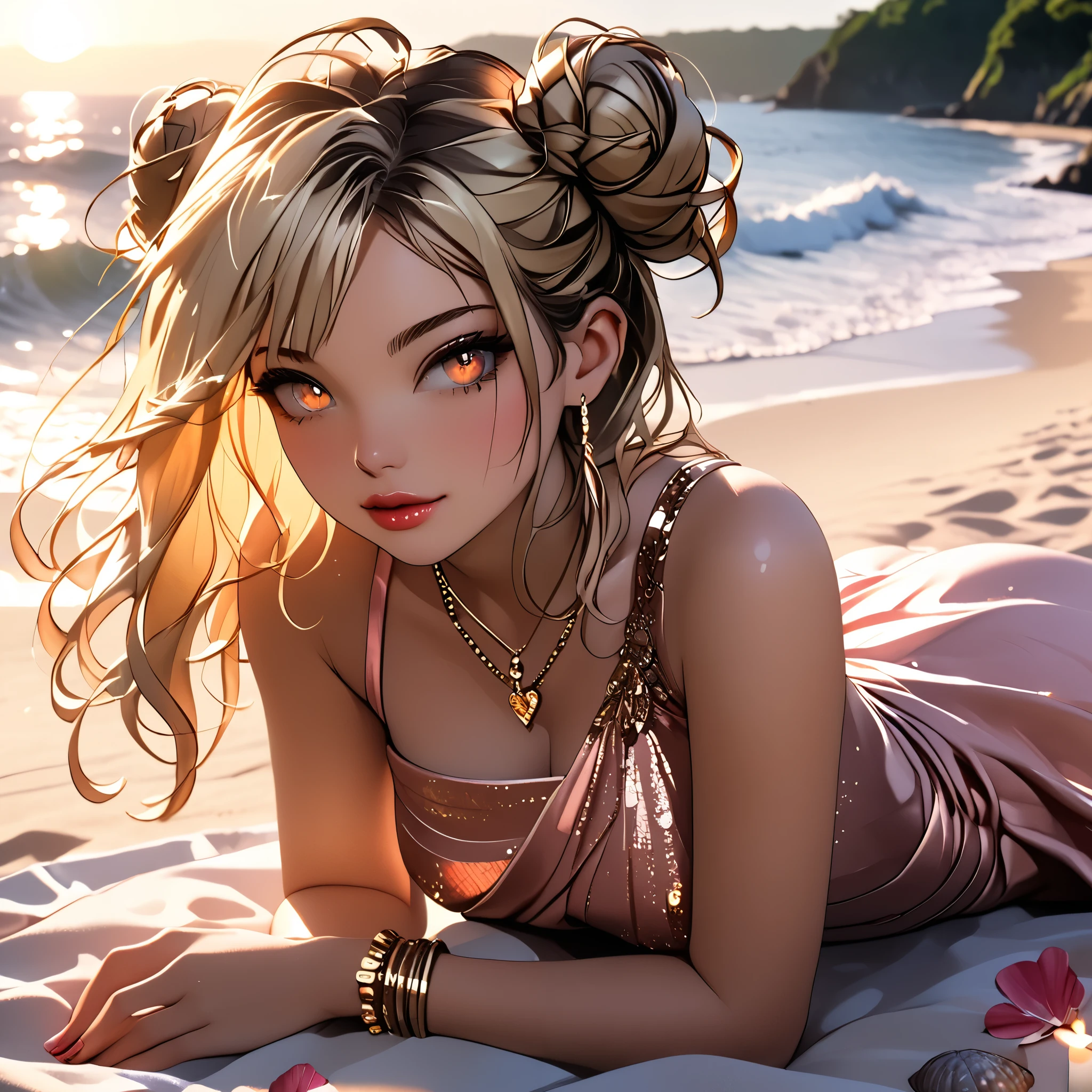 masterpiece, best quality, vibrant, very aesthetic, high contrast, semrealistic, newest, (beautiful girl:1.3),1girl,masterpiece,Highest quality,Ultra-high resolution,rich contrast,super high quality,8k,Highly detailed CG unit wallpaper,texture,Incredibly absurd,Ultra-high resolution,Highest quality anime,professional photograph,an extremely delicate and beautiful,RAW Photos,Depth of Field 1.2,ultra-detailed eyes,Glitter Effect,Beautiful glossy lips, 25years old, gorgeous legs, noise perfect, gorgeous ass, dynamic pose, sensual woman, seductive woman, mature woman, Milf, maternal, shy look, full body, (type of photo: medium shot, portraying the person from head to waist), Toga Himiko, t0ga himoko, blonde hair, yellow eyes, blunt bangs, double bun, Outfit: A long, fluid dress made of light coral-tone fabric, with openings on the sides and thin straps. Gold flat sandals with rhinestone details. Accessories: Gold bracelets, a seashell necklace and a woven raffia bag. Hair and makeup: Loose hair with beachy waves, a touch of gloss on the lips and a golden highlighter on the skin. Setting: A beach with the sunset in pink and orange tones, candles in the sand forming a heart and an improvised dinner on a blanket.