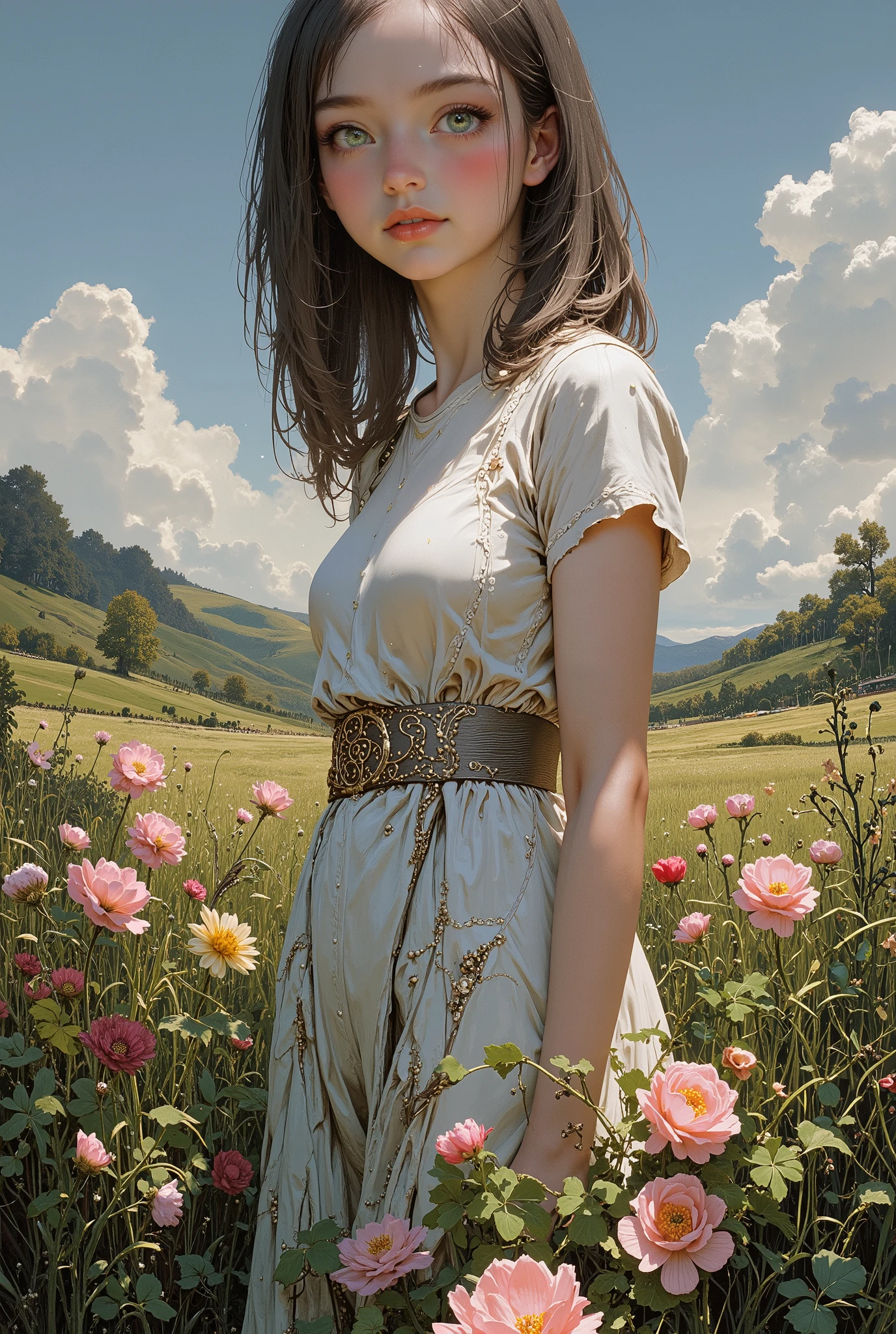 a woman in a flower meadow among clovers, romantic illustration, high resolution, Wimmelbilder, official art style of Bastien Lecouffe-Degarme, Carne Griffiths, E. Abramzon, Raphael, Caravaggio,