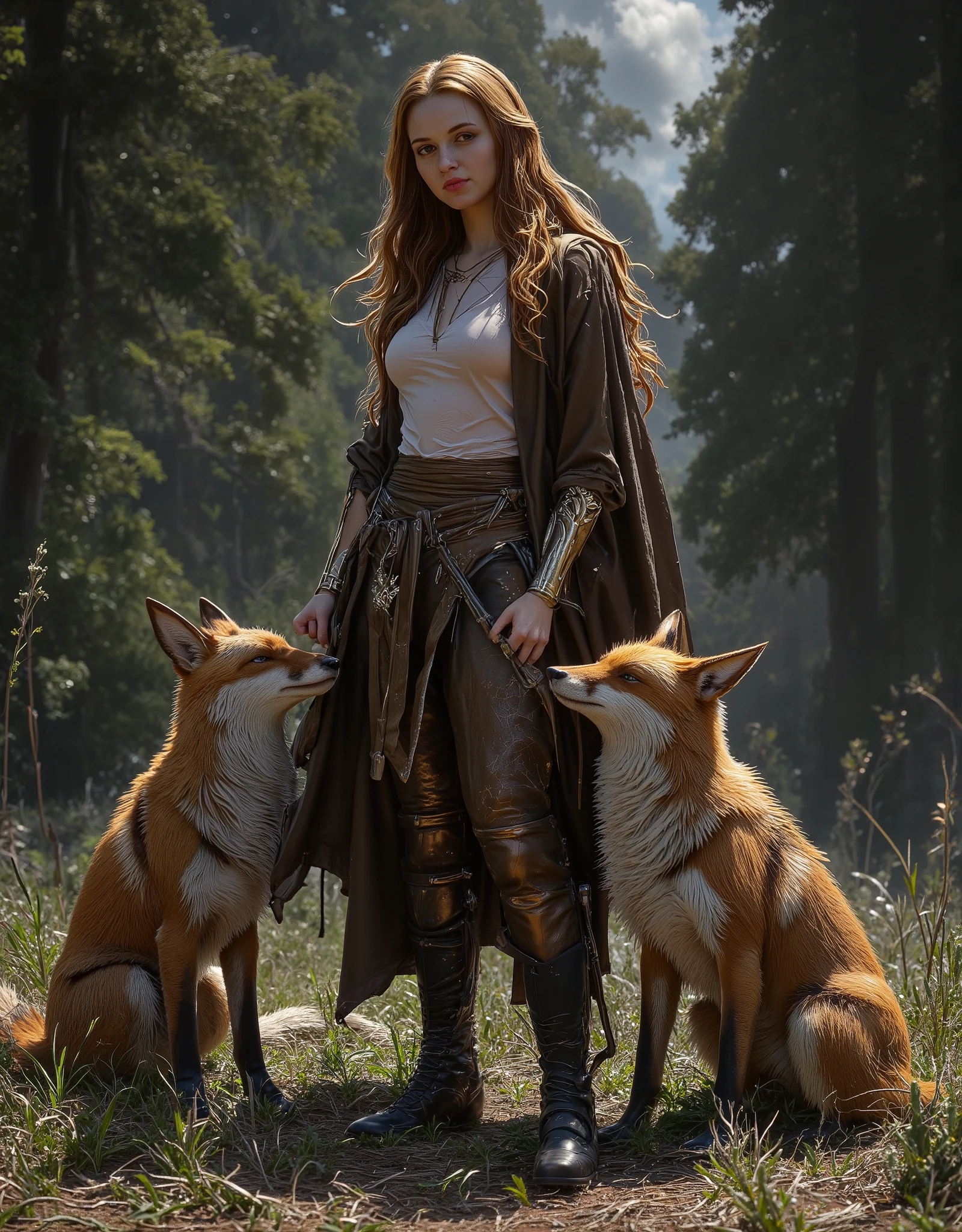  Advanced Details, TOP QUALITY, 8k, [ super precise],  masterpiece, TOP QUALITY, (very detailed), dynamic angles,  ULTRA WIDE SHOT , born, Photorealistic,  Fantasy Art , dnd Art, RPG Art,  Realistic Art ,  Wide angle photo of a female human ranger and pet fox, Nature's Warrior , Nature's Warrior ,  full body, [[anatomically accurate]].   pink shirt  (1.5 Intricate Details,  masterpiece, TOP QUALITY) Talking with foxes (1.6 intricate details,  masterpiece, TOP QUALITY)  in the woods  (1.5 Intricate Details,  masterpiece, TOP QUALITY),  Woman in Leather Clothes  (1.4 intricate details,  masterpiece, TOP QUALITY),  leather boots, Thick Hair,  long hair,  red hair, Fair skin tone and strong eyes,  Forest Background ( Strong Details ),  Stream flowing in the background  (1.4 intricate details,  masterpiece, TOP QUALITY), Dawn Light, cloud (1.4 intricate details,  masterpiece, TOP QUALITY), dynamic angles, (1.4 intricate details,  masterpiece, TOP QUALITY)  3d rendering ,  Advanced Details, TOP QUALITY, high resolution, Ultra Wide Angle