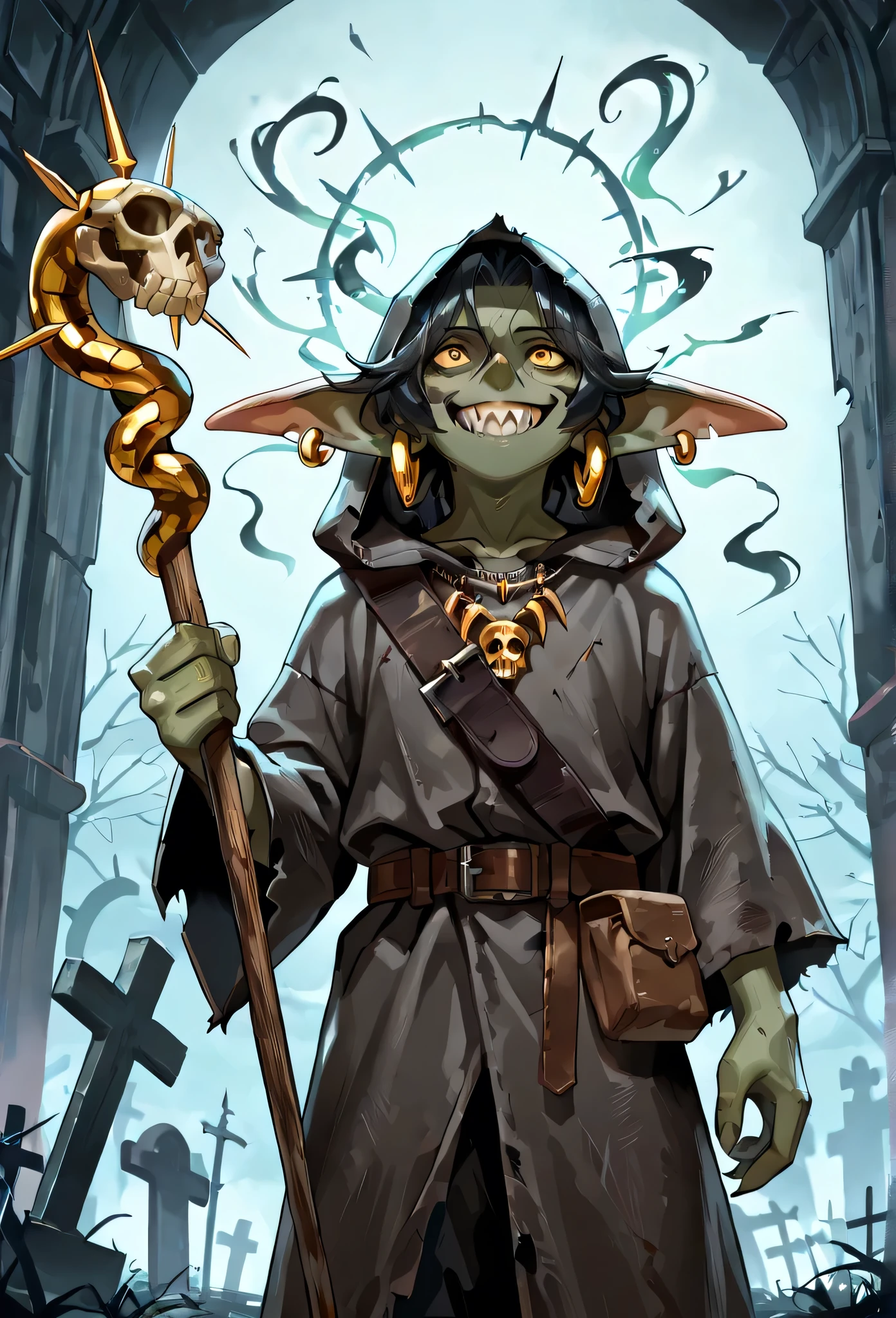 (masterpiece, best quality, 2k), solo, 1guy, (goblin, short stature, pointy ears), black hair, green wrinkled skin, sharp teeth, grey fur hooded robe, dark velvet sash, sealskin pants, belt pouch, ((holding a wooden staff whose head looks like a skull), ruby necklace of a snakes head, golden hoop earing, standing in a graveyard, foggy evening, ghosts floating through air, spirits, (grinning, wild), (intimidating, scheming), unholy, close up, npcp