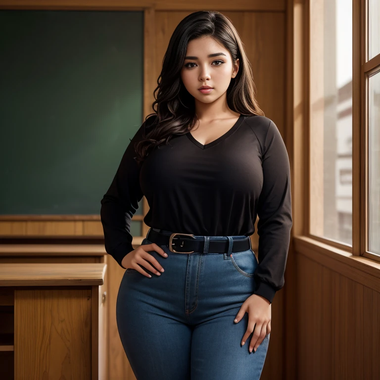 body photo, beautiful detailed, cute face, short, Guanajuato teen, medium black hair, black hair over one eye, long sleeve plain T-shirt, long pants, pearshaped voluptuous wide hips with thick thighs, solo,