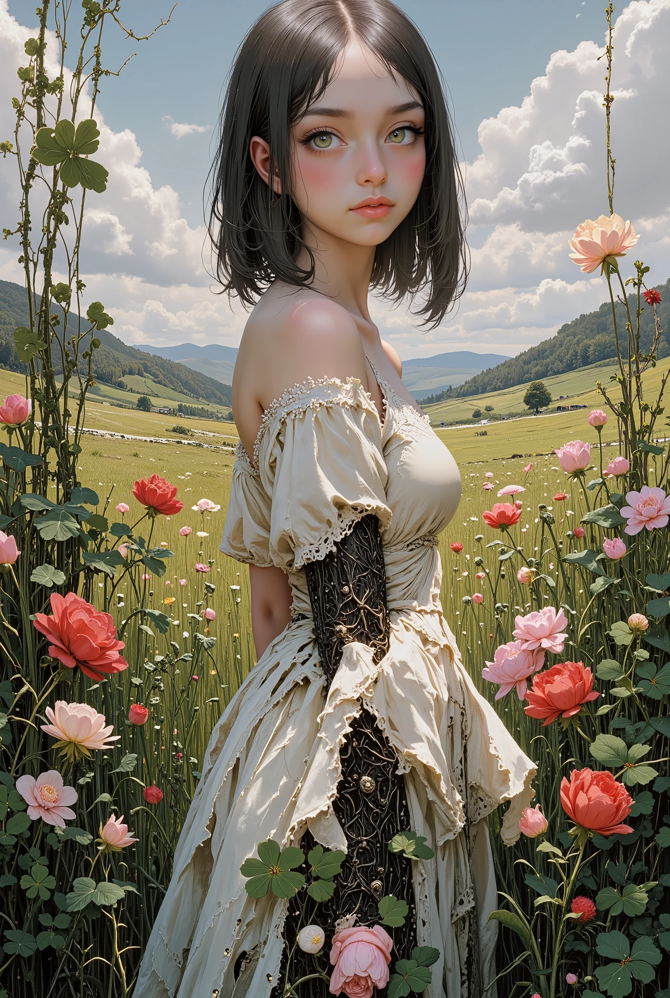 a woman in a flower meadow among clovers, romantic illustration, high resolution, Wimmelbilder, official art style of Bastien Lecouffe-Degarme, Carne Griffiths, E. Abramzon, Raphael, Caravaggio,