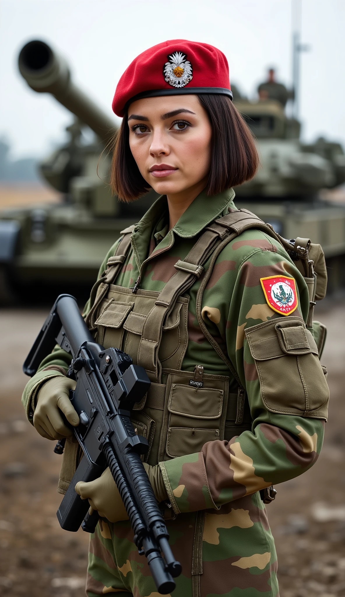 A stunning and elegant 20-year-old Argentine woman serving as an officer in the country's elite armored tank unit, radiating confidence and strength. Her striking features include expressive eyes and a poised yet determined expression, capturing both her beauty and authority. Her sleek bob hairstyle is neatly styled, reflecting both professionalism and practicality for combat operations.
She wears a red beret, signifying her distinguished role within Argentina’s armored corps. Her tactical camouflage uniform, specifically designed for armored warfare, features reinforced padding for protection and agility. A combat vest over her uniform holds essential gear, including extra ammunition, communication devices, and survival tools. The insignia of her unit is prominently displayed on her chest, showcasing her rank and expertise.
Firmly gripping an advanced submachine gun (SMG), the standard weapon of Argentina’s armored troops, she stands ready for action. The SMG is lightweight, designed for close-quarters combat within armored vehicles and urban warfare. Her stance is strong yet composed, emphasizing her preparedness for high-stakes missions.
The background features Argentina’s most advanced battle tank, a powerful machine equipped with cutting-edge technology, thick armor plating, and a formidable main gun. The military base setting is active, with other personnel and armored vehicles in motion, highlighting the ever-present state of readiness.
This three-quarter body portrait captures her from a right-angled perspective, emphasizing her strong and disciplined posture. She stands with confidence, her gaze focused and unwavering, embodying the courage and dedication of Argentina’s elite tank officers.