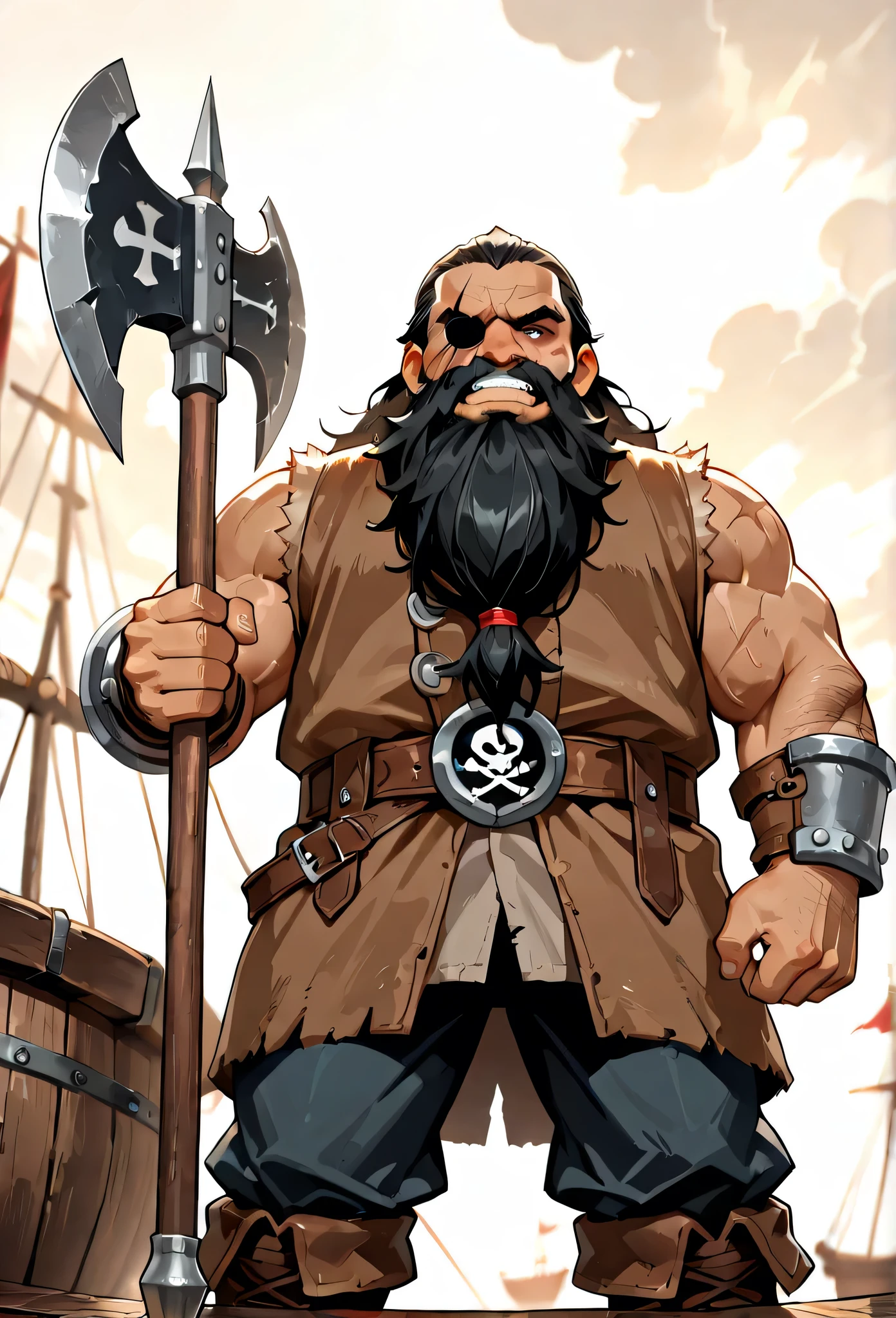 (masterpiece, best quality, 2k), solo, 1guy, (dwarf, short stature), wild black hair, black beard, tanned skin, well toned body, grey fur vest, deep scar over left eye, sealskin pants, string belt, wielding a battle axe, standing n the deck of a pirate ship, jolly roger flying behind him, heavy winds, (grinning, wild, pschotic), (intimidating, rowdy), close up