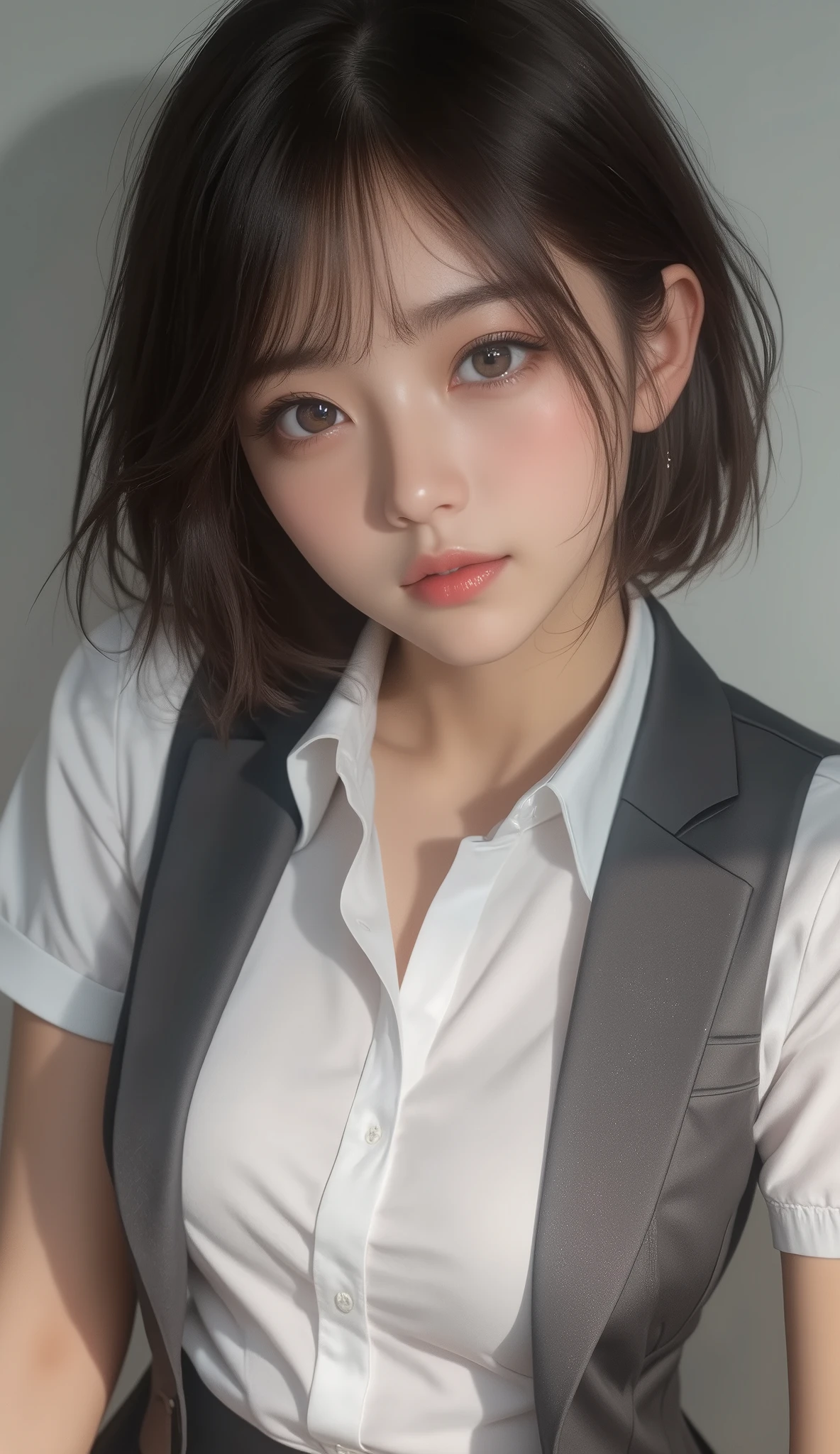 (((very huge round breasts))), (full body shot), short hair, wavy hair, ((school uniform, summer school uniform shirt)), skirt, sleeveless, RAW photo, extremely delicate and beautiful, masterpiece, Best Quality, ultra high resolution, 16k, hyperrealistic, ultra-detailed, Very detailed CG 8k wallpaper, Beautiful Lighting, Perfect Lightning, Realistic Shadows, perfect anatomy, super Detailed shiny skin, perfect figure, Japanese woman, late 20s, very Slim body, narrow waist, very small head, handsome detailed woman, very detailed eyes and face, realistic face proportions, Stunning detailed eyes, Realistic beautiful face, very small face, Realistic small beautiful eyes, double eyelids, makeup, tearful mole, mole on chest, earring,