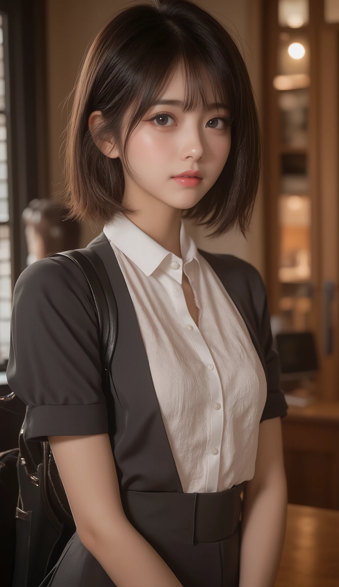 8k,Ultra High Definition ,  TOP QUALITY,  masterpiece,rule of thirds,golden ratio, surreal, photos,  one woman,(  girls on the left:1.3),cute,cute顔, Beautiful Eyes in Every Detail , 細かくexhaustive, mature woman, princess,full body,smile, black hair,Shag hair,ID photo, luxurious and beautiful ,(A  Famous Japanese Idol Girl), (( wearing a Japanese high school uniform with a white shirt, blazer, and skirt)), ((( having sex in the woods ))), (((She Has an Ecstatic Expression))), very delicate expression ,  delicate eye description,,  Healthy Body , (( 1 female)), Height: 160cm, ((thin thighs)) ,(  thin waist:1.4)、( Beautiful :1.4),  pink lips,profile,(((  ideal figure))),Small bust, A cup :2,、 portraits:2、 perfect anatomy 、鮮明な exhaustive、 exhaustive, thin lips,Perfect and beautiful face  ,完璧でcute顔,   meticulous skin  ,  Perfect Limbs 、  thin waist,  surreal,Light and Dark,  Fashion Magazine Cover ,glowing 