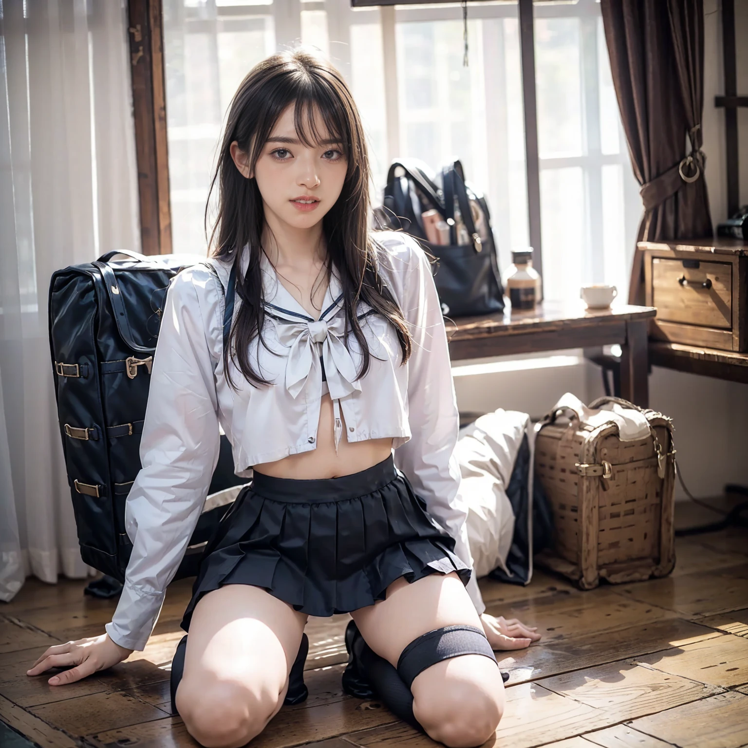 hi-school girl、Cool、White shirt、Black pleated skirt、woman 1,Snow City at Night、brown haired、A bracelet、Dramatic Writing、full-shot、Slender woman、high-school uniform、Cinematic lighting、Beautiful expression、A sexy、Gray eyes、model shot、Whole human body、full-shot、Short black socks、Black loafers、japanes、sixteen years old、Cool、I see underwear、Opened shirt、Sheer lingerie、Standing Pose、Hands fold behind your back、thick legs、a short skirt、Black tie、Cool、de pele branca、straight haired、Tsuriformes、Angry eyebrows、red blush、Loose socks、snow blowing、Fantastical、Voluptuous thighs、snowflakes falling、White breath,nsfw:1.2