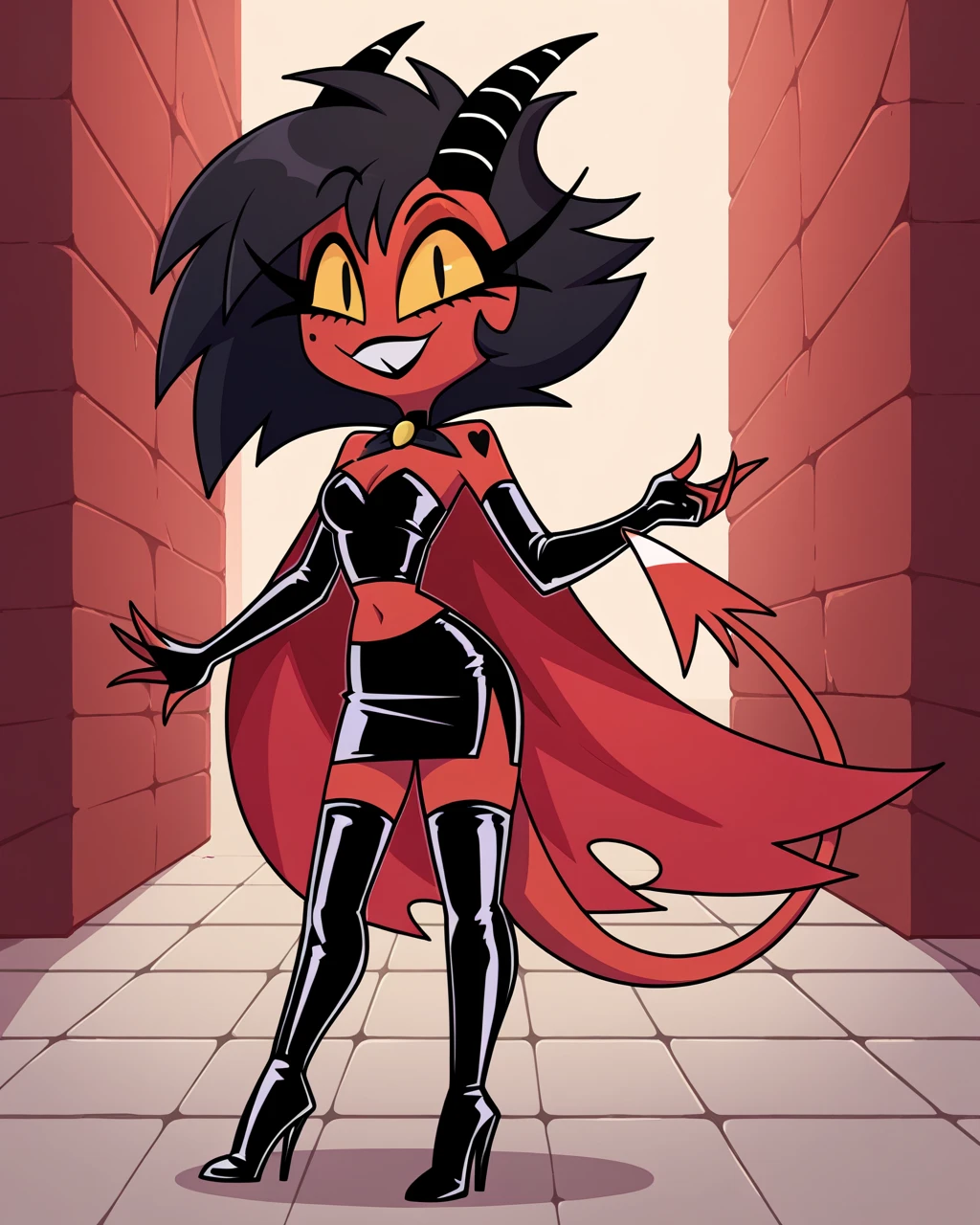 2000s \(style\), anime, 1girl, middle finger, smirk, mature female, cowboy shot, sexy, demon girl, monster girl, demon wings, demon horns, demon tail