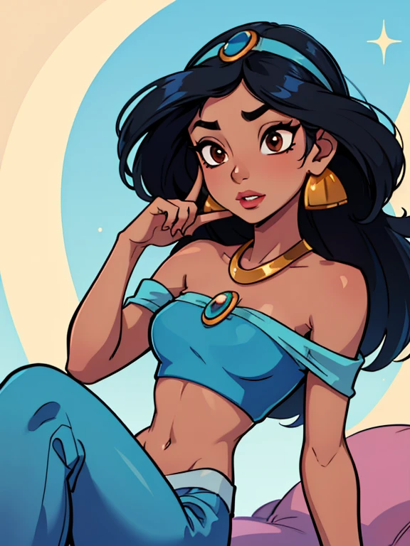 Princess jasmine with tanned dark skin in a skin tight ice blue dress with a navel cutout, with glossy blue thigh high stockings and ankle strap high heels, with blue lipstick and eyeshadow, black kohl eyeliner, kneeling on her knees mouth open suggestively