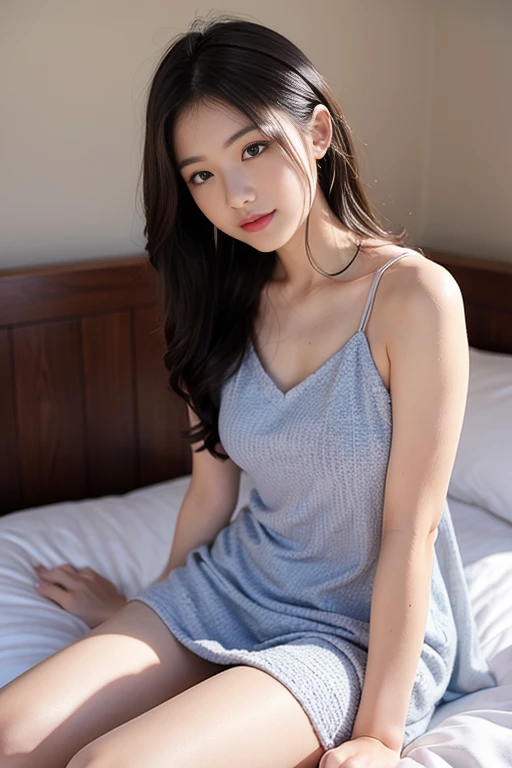 (Best quality at best, 8K, 32K, tmasterpiece, hyper HD:1.3)，An Asian beauty，Sexy nightdress，Curled up on the couch，First perspective
