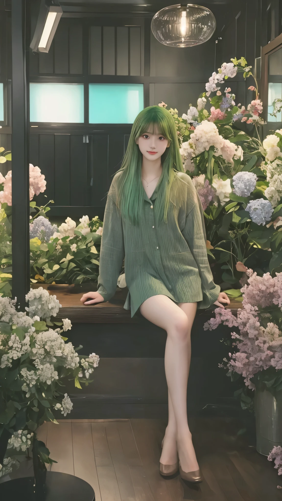 high resolution,超high resolution,8k,Ultra Fine,TOP QUALITY, masterpiece, Super Fine Paintings , detailed depiction of up to the front door,1 girl, upper body,((素敵な髪型, green hair:1.2)),(Beautiful breasts, Upward bust), similarly , glowing neon lights , intermediate shot,Fujifilm X-T4 + 23mm f/2 Lenses,dusk,Flower Farm,watch viewers, ( detailed legs:1.3, thin thighs, beautiful feet:1.2), ( detailed hands:1.3, perfect right hand:1.2), ( Detailed Eyes and Faces :1.2, Professional Shooting Techniques , Professional lighting techniques )