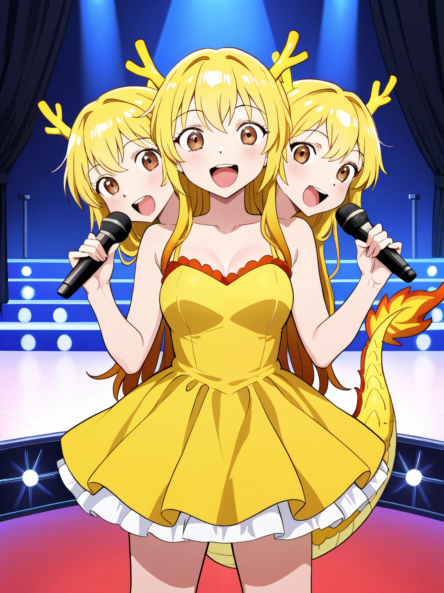 anime girl with three heads, blond hair, brown eyes, yellow dragon girl costume, simple yellow dress, silly, open mouth, standing behind a microphone, comedy routine, theater stage, talent show