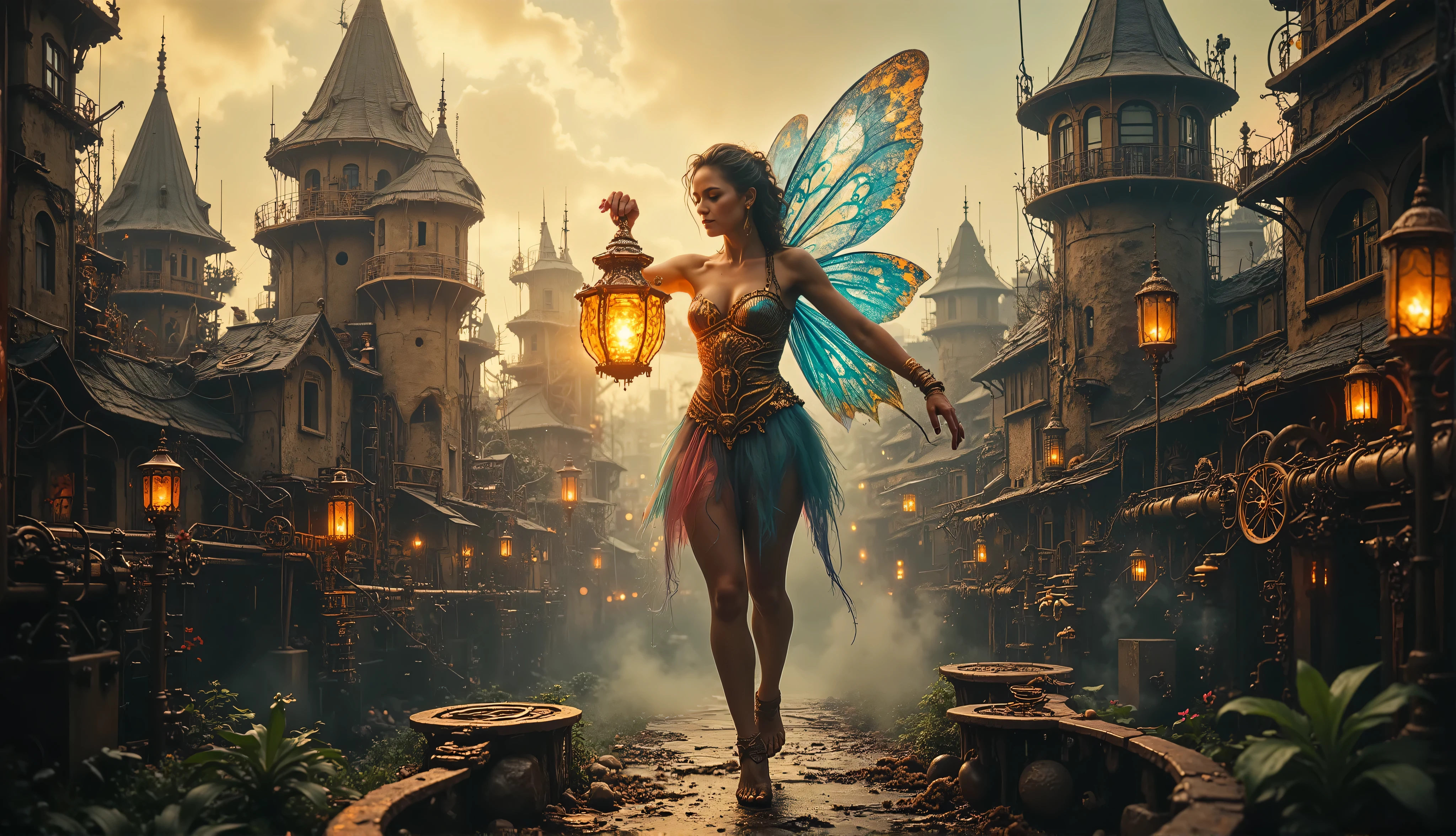 A mesmerizing fairy with luminous, jewel-toned wings gracefully floats above an ornate steampunk plaza, her delicate hands clutching a beautifully designed lantern that pulses with magical energy. Below, intricate pathways of gears and metallic bridges crisscross, connecting towering buildings adorned with chimneys, pipes, and spinning wind-up mechanisms. Wisps of mist curl around her feet as soft golden light from hanging lanterns bathes the scene, evoking a sense of wonder and enchantment in this mechanical fairy tale.
