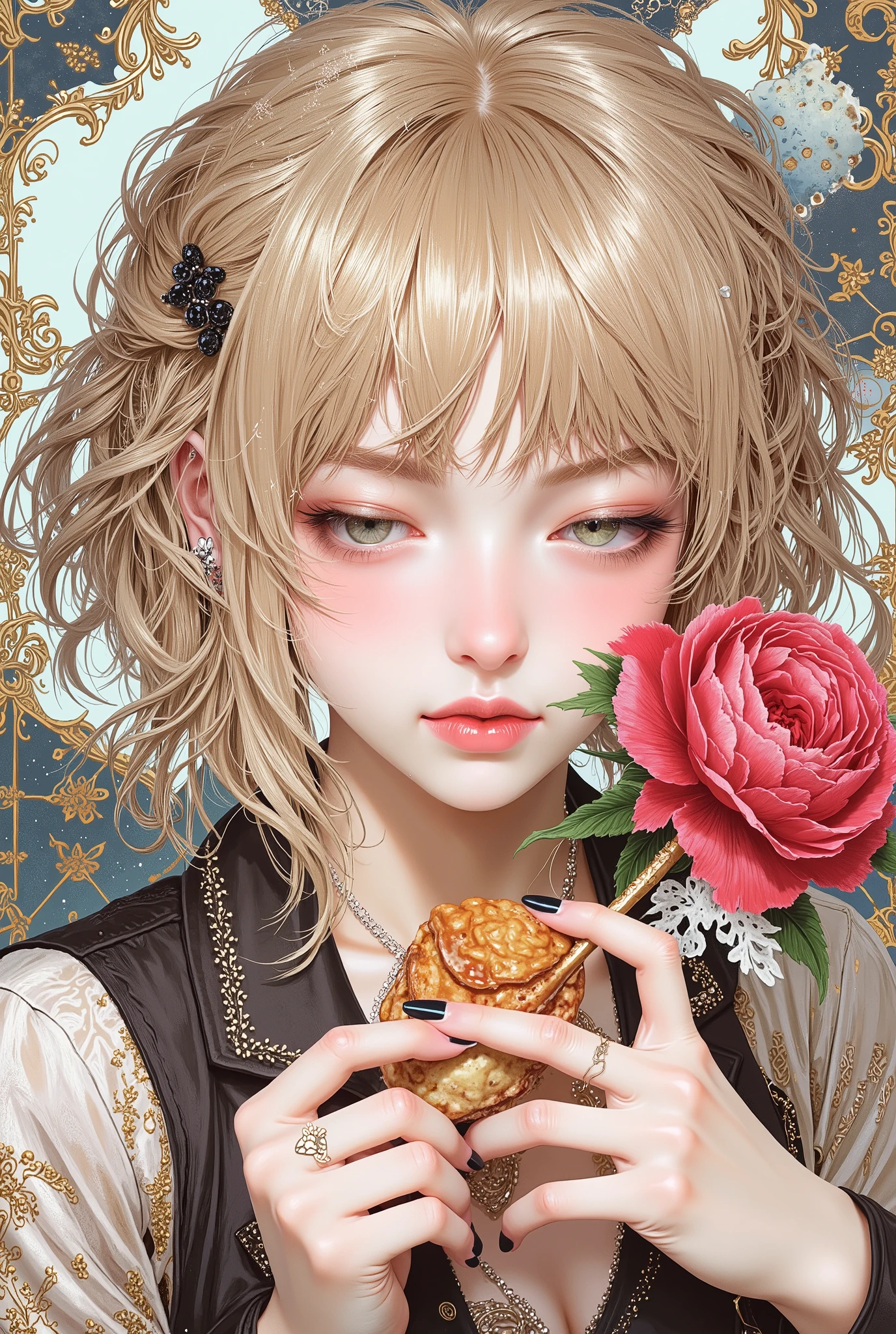 (Highest quality:0.8), (Highest quality:0.8), Perfect illustration,Beautiful woman portrait、One girl, bangs, Black nails, Blonde, Mouth closed, clavicle , ear Earrings, Earrings, Fashion G, hair ornaments, Food, foodie, Jacket, jewelry, looking at iniewer, Medium Hair, Manicure, necklace, Earrings, short hair, Peony stalk, sleeines past wrists, alone in, Both sides up, Upper Body, in, Pop Background、Droopy eyes