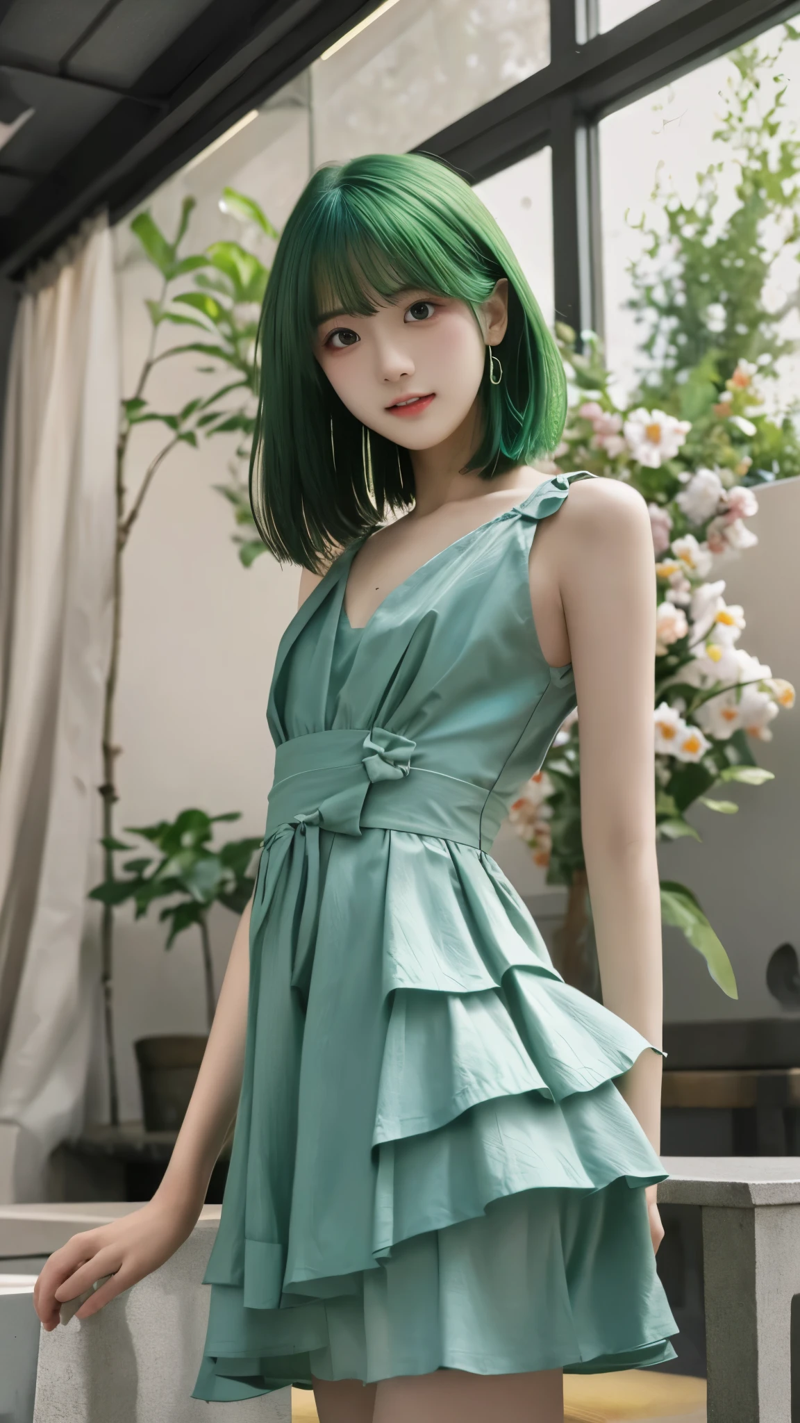 high resolution,超high resolution,8k, High precision,TOP QUALITY, masterpiece, Super Fine Paintings , detailed depiction of up to the front door,1 girl, upper body,((asymmetrical haircut , green hair)), big breasts, supine pose , similarly , glowing neon lights , intermediate shot,Fujifilm X-T4 + 23mm f/2 Lenses,dusk,Flower Farm,watch viewers, ((slender body line)), ( small nice ass:1.3), (wacky dress )