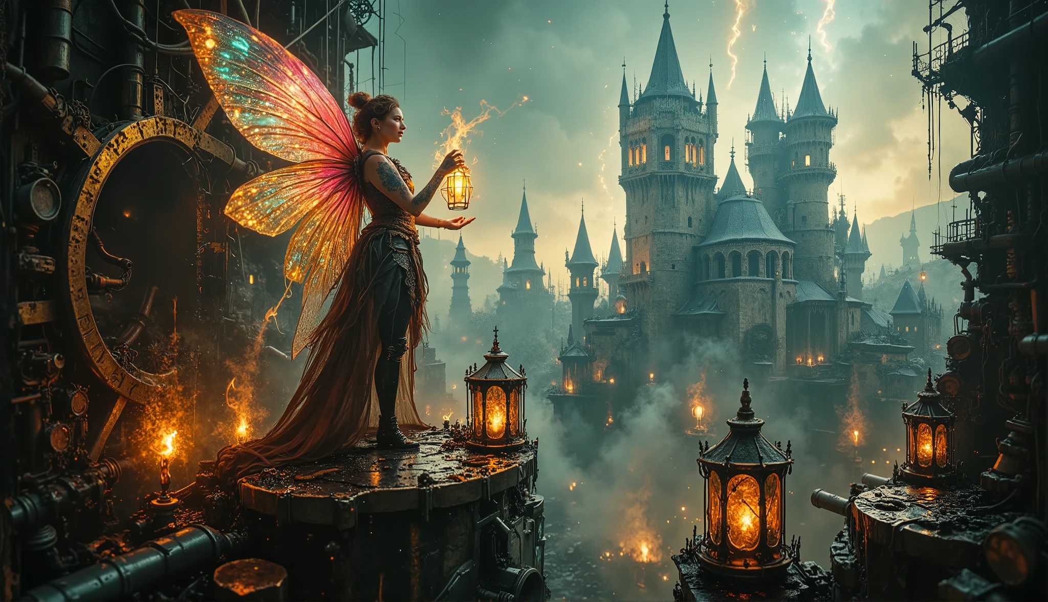A vibrant fairy with shimmering translucent wings stands on the edge of a massive bronze gear, holding a flickering lantern infused with magical energy. Around her, countless mechanical components intertwine, creating an elaborate steampunk dreamscape. Glowing lanterns of various shapes float in the air, illuminating the misty scene with a warm, mysterious light. In the distance, gothic-inspired towers adorned with pipes, valves, and metallic filigree rise against a starry sky, adding depth to the fantastical world.