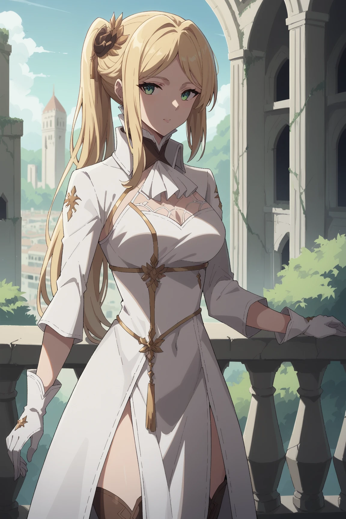 violet evergarden, masterpiece, best quality, 1girl, solo, blonde hair, blue eyes, braid, hair between eyes, looking at viewer, blush, (seductive_smile), wedding dress, white dress, bride, white gloves, bridal veil, white thighhighs, see through panties, spread legs)), spread, ((cum on body, cum in, cum on breasts, cameltoe)), breasts, presenting, flashing
