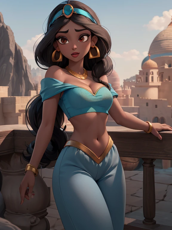 Cartoonized, Jasmine, Disney Princess, black hair, midriff top, solo, detailed, high quality, 4K, athletic figure, 34B breasts, sultry expression, exotic marketplace background with colorful fabrics, intricate architecture, and bustling crowds, warm colors, cleavage visible, nipples slightly visible.