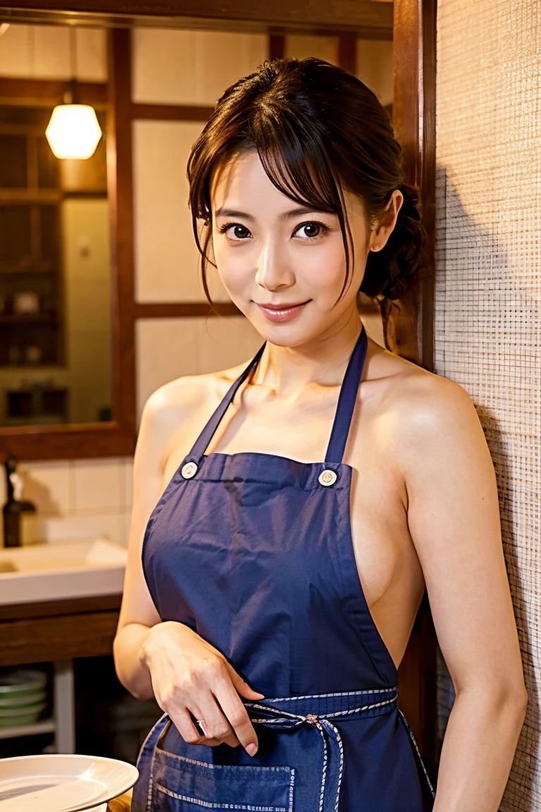 ((white naked apron)), cleavage between breasts, big breasts, plump body, whole body, cute face, grin, medium long hair, looking at the viewer, kitchen, high quality, Japanese, attractive mature woman