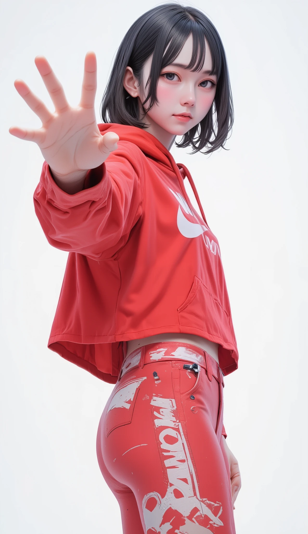 live-action 、Genuine、A beautiful Japanese woman like Minami Hamabe、red nike hoodie、 hotpants、Red G-Shock、Nike red sneakers、 black hair、 short bob、 hair fluttering in the wind、Roundhouse kick、 Dynamic Pose、 Dynamic Expression 、 stares at the audience 、 white background 、Fine hand、is anatomically correct、